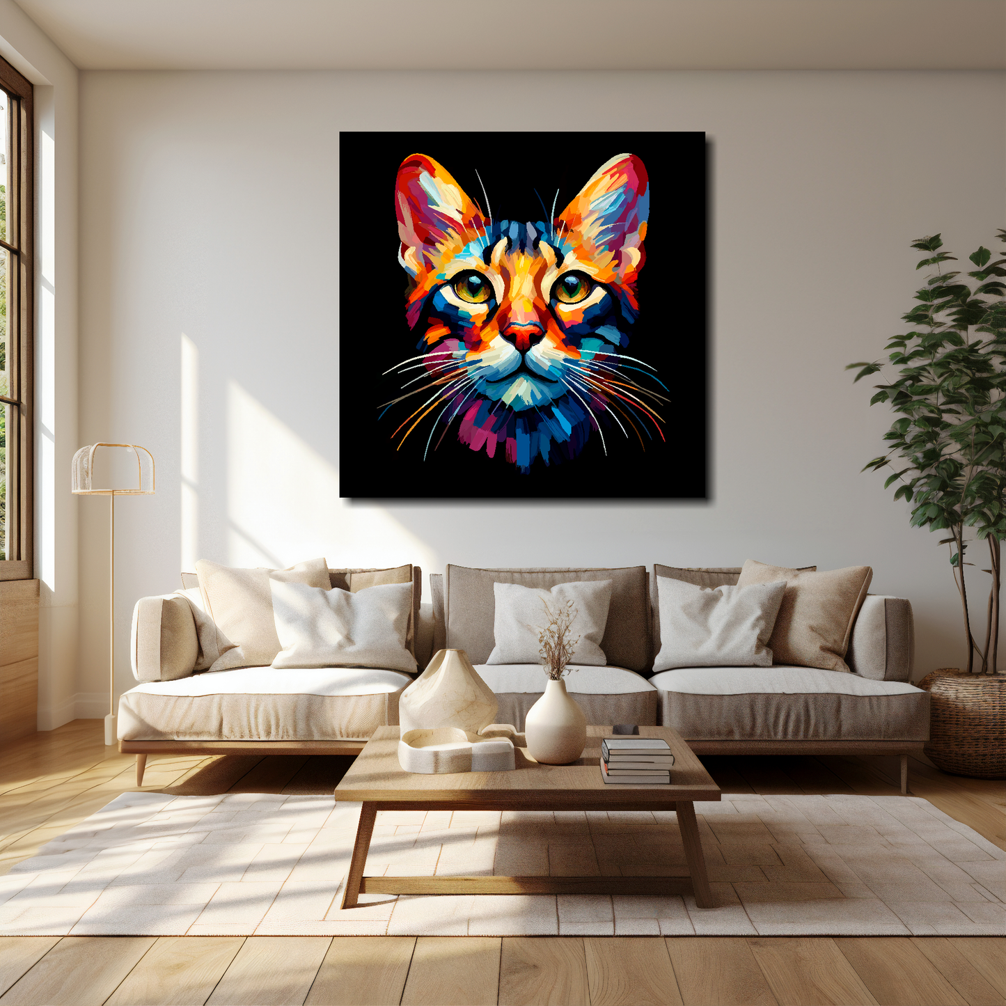 40 inch by 40 inch square canvas of a colourful Oriental cat head portrait on a black background. Mounted on a white wall above a cream sofa with decorative pillows.
