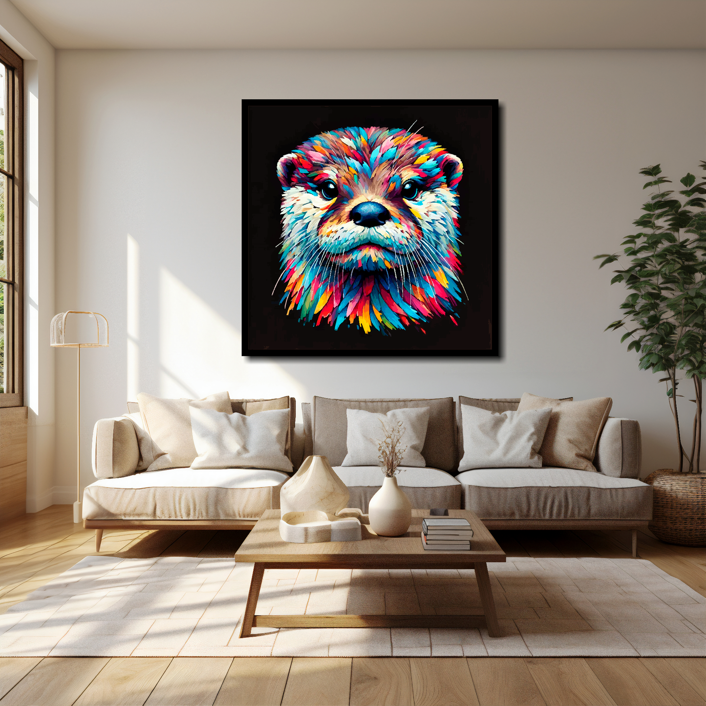 40 inch by 40 inch square canvas of a colouful Otter head portrait on a black background. Mounted on a white wall above a cream sofa with decorative pillows.