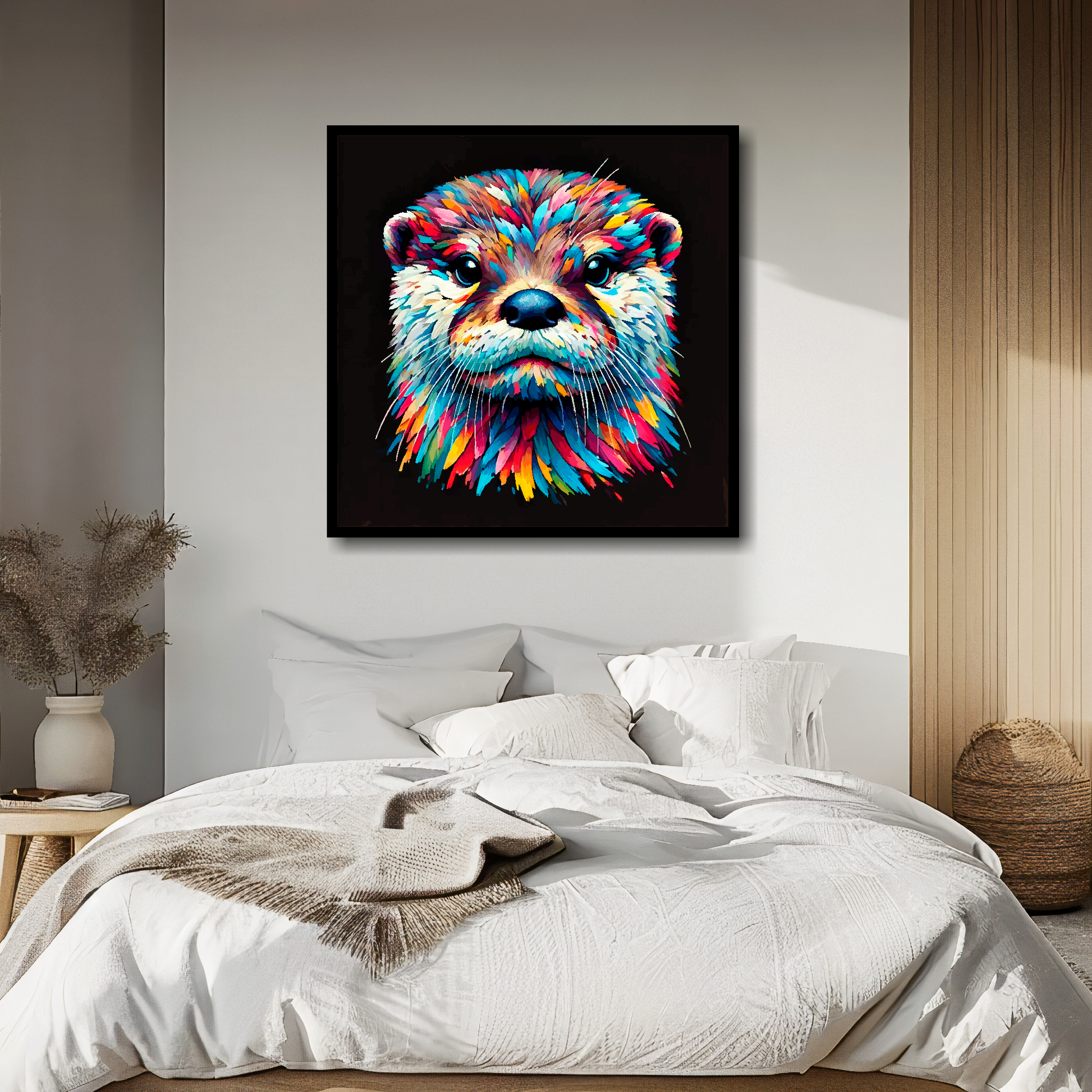 Large canvas wall art - A vibrant multi-coloured head portrait of a Otter. Available in 3 large sizes.