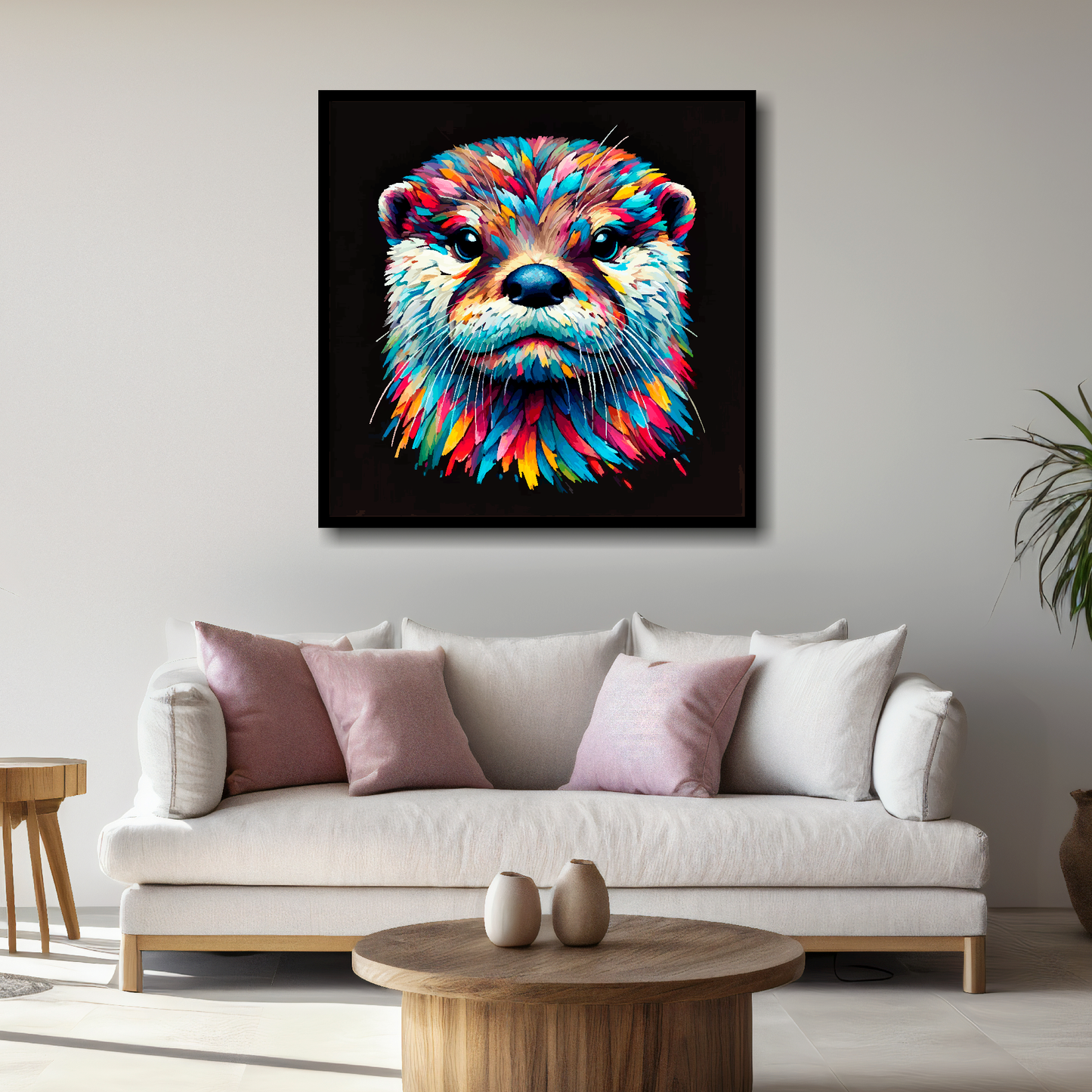 Large canvas wall art - A vibrant multi-coloured head portrait of a Otter. Available in 3 large sizes.