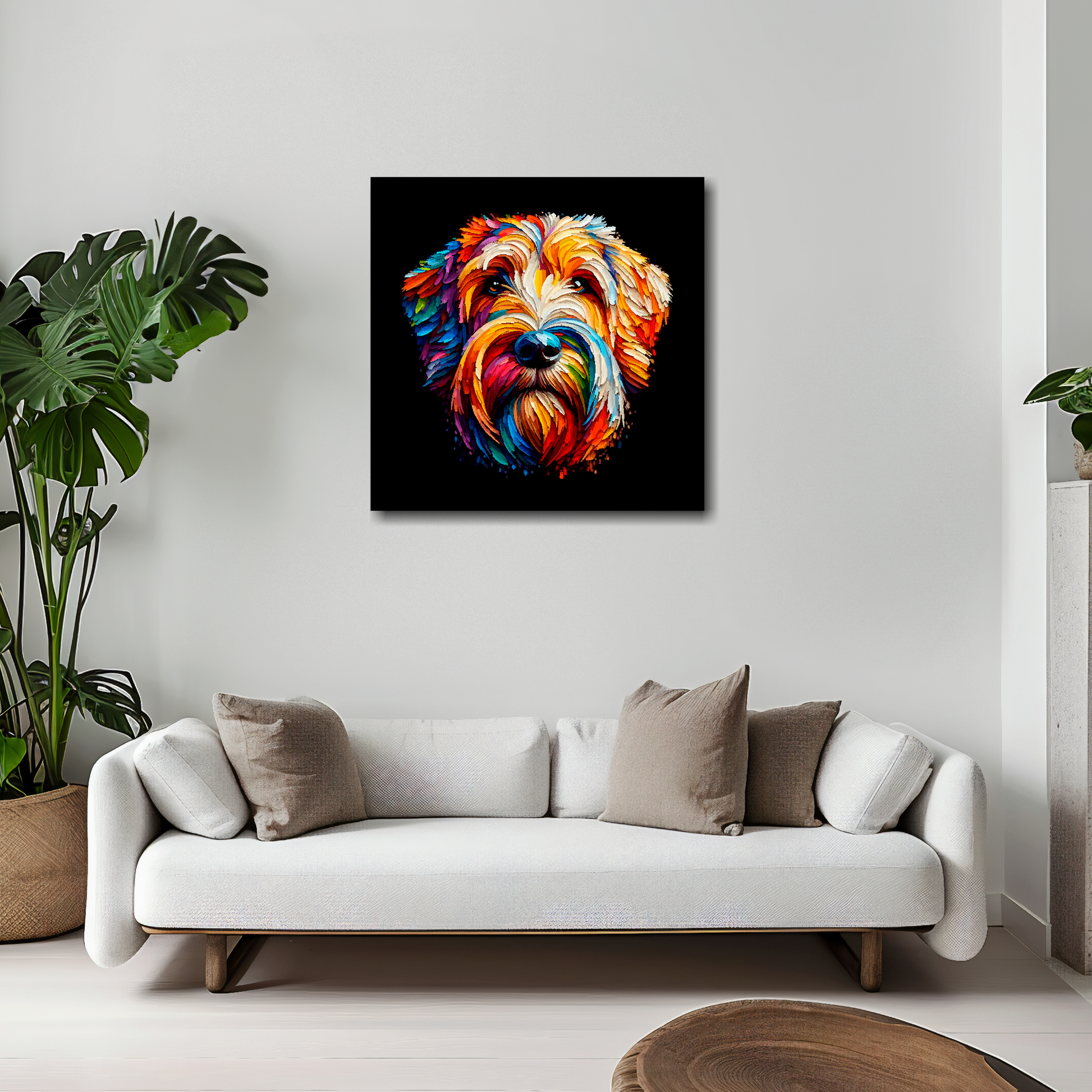 20 inch by 20 inch square canvas of a colourful Otterhound head portrait on a black background. Mounted on a white wall above a white sofa with decorative pillows.