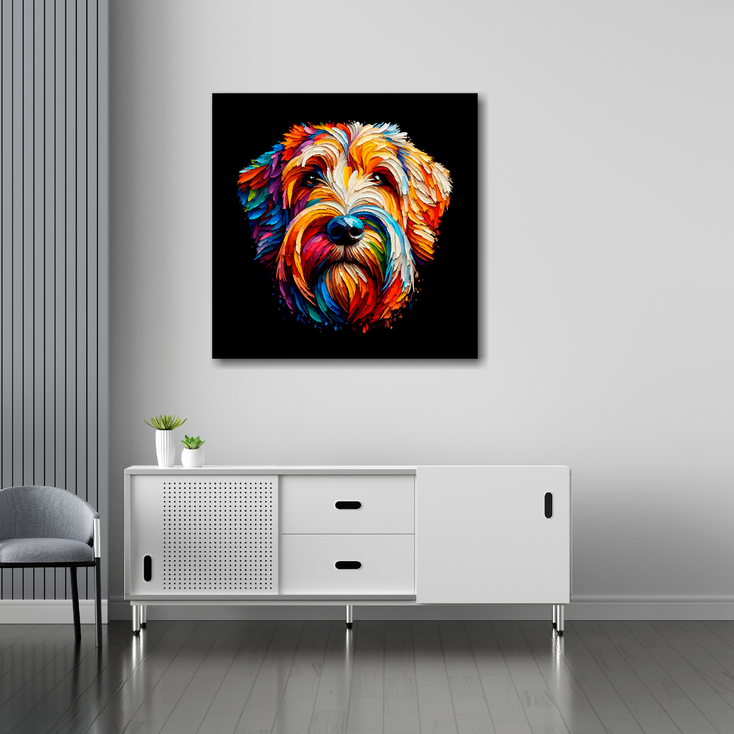 30 inch by 30 inch square canvas of a colourful Otterhound head portrait on a black background. Mounted on a white wall above a white sideboard.