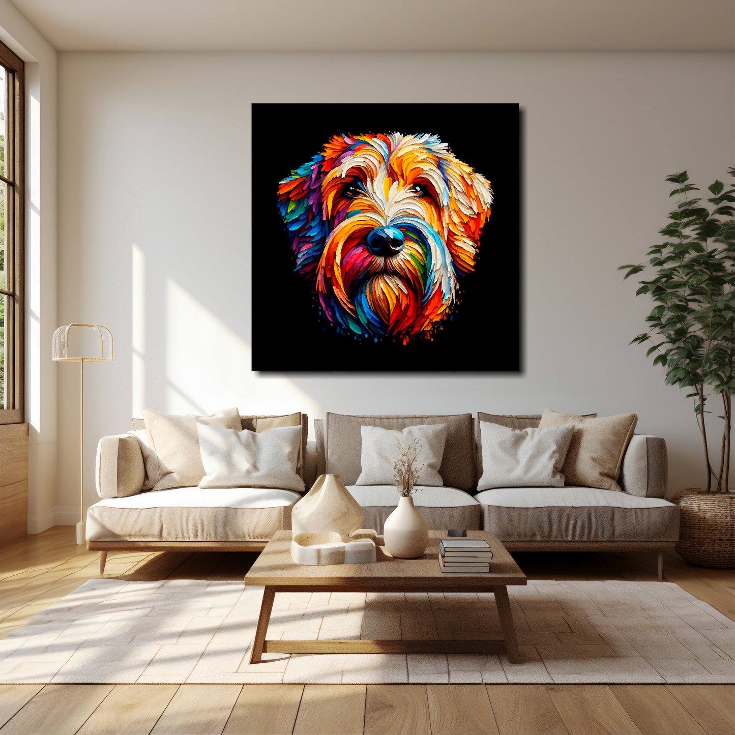 40 inch by 40 inch square canvas of a colourful Otterhound head portrait on a black background. Mounted on a white wall above a cream sofa with decorative pillows.