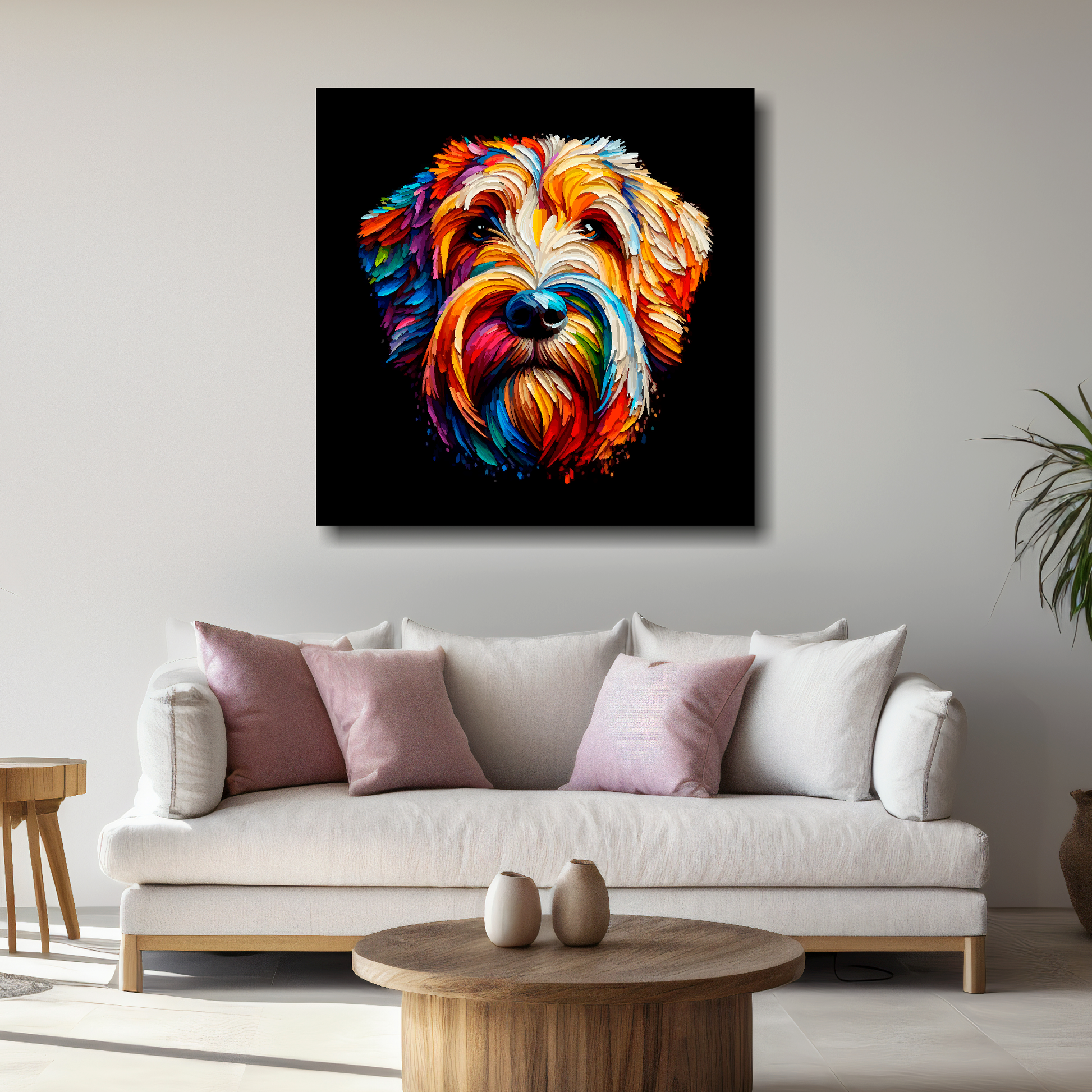 Large canvas wall art - A multi-coloured abstract head portrait of a Otterhound Dog. Available in 3 large sizes.