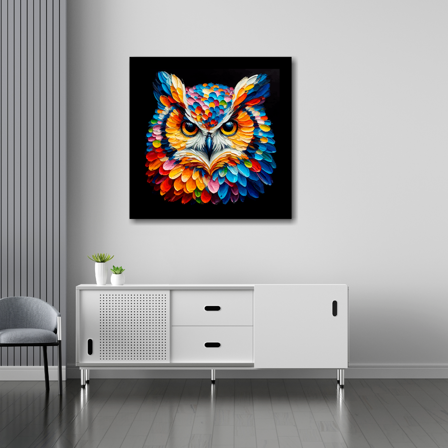 30 inch by 30 inch square canvas of a colourful Owl portrait on a black background. Mounted on a white wall above a white sideboard.