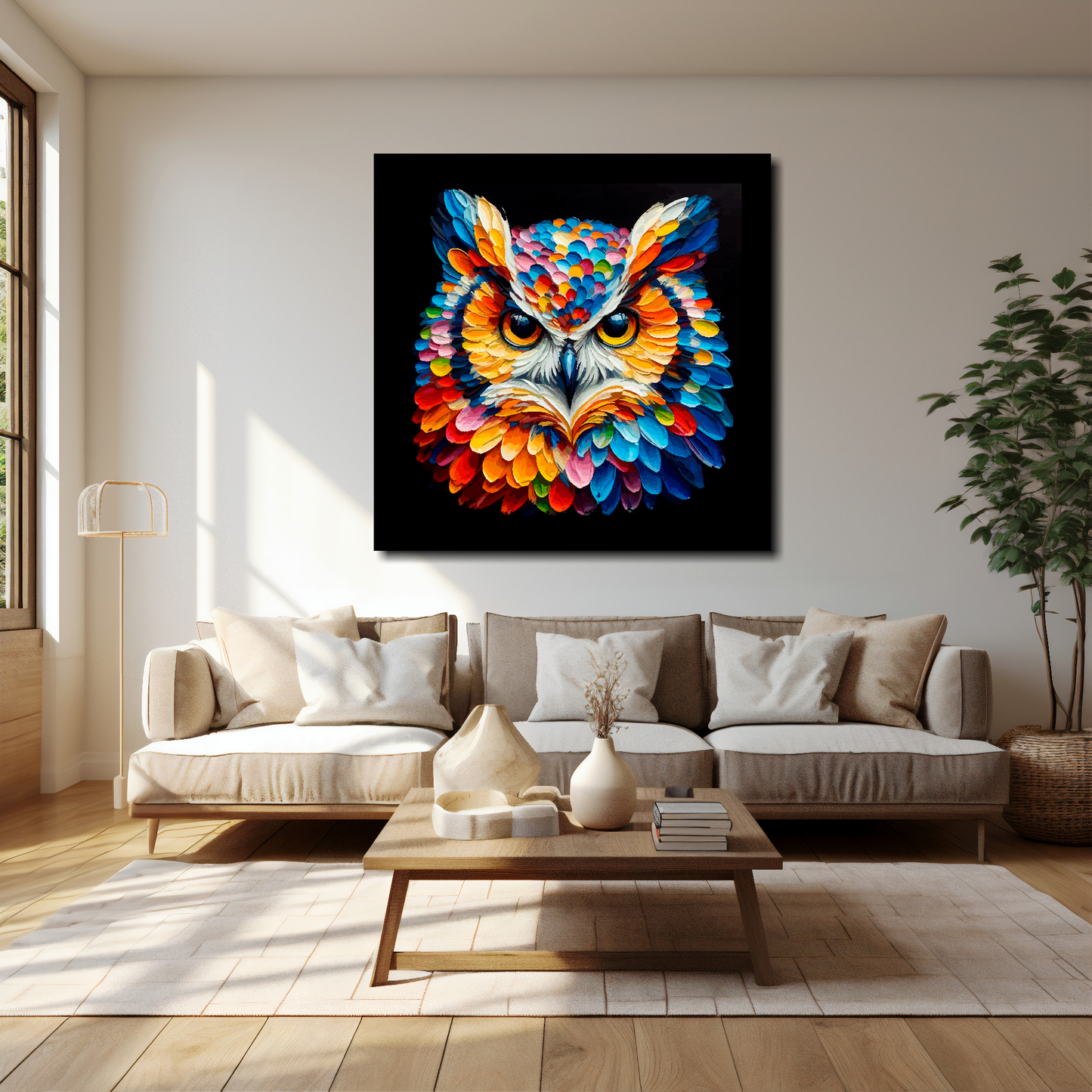 40 inch by 40 inch square canvas of a colourful Owl portrait on a black background. Mounted on a white wall above a cream sofa with decorative pillows.