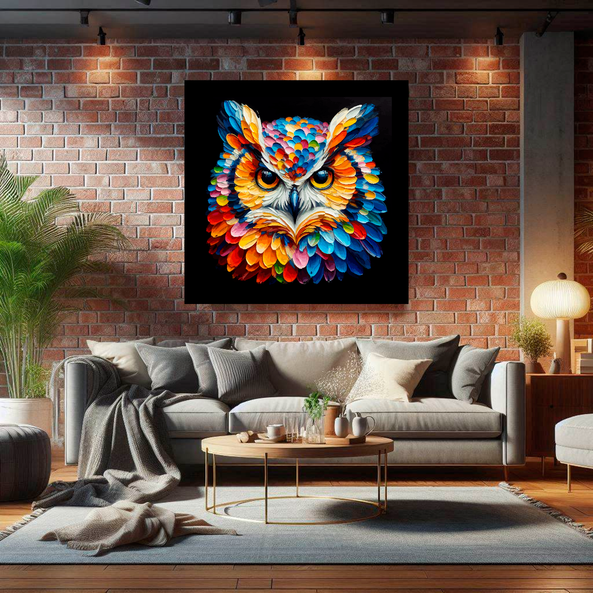Large canvas wall art - A vibrant multi-coloured head portrait of a Owl. Available in 3 large sizes.