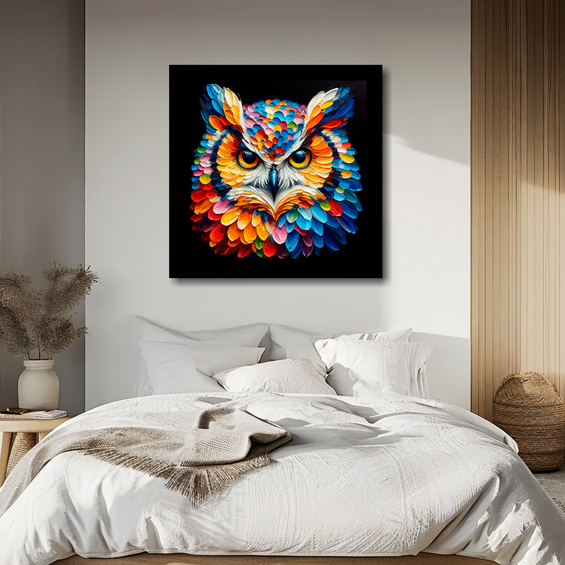 Large canvas wall art - A vibrant multi-coloured head portrait of a Owl. Available in 3 large sizes.