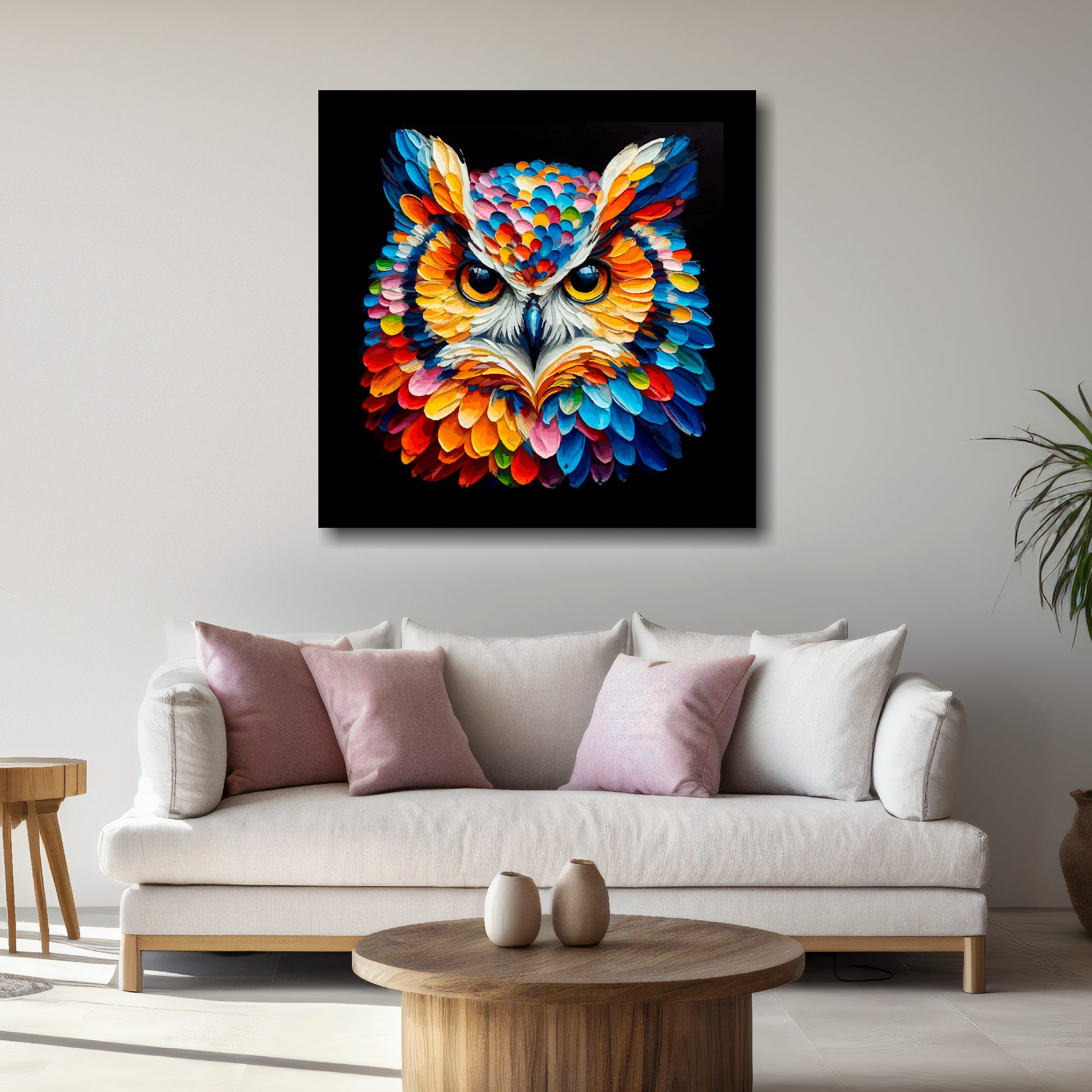 Large canvas wall art - A vibrant multi-coloured head portrait of a Owl. Available in 3 large sizes.
