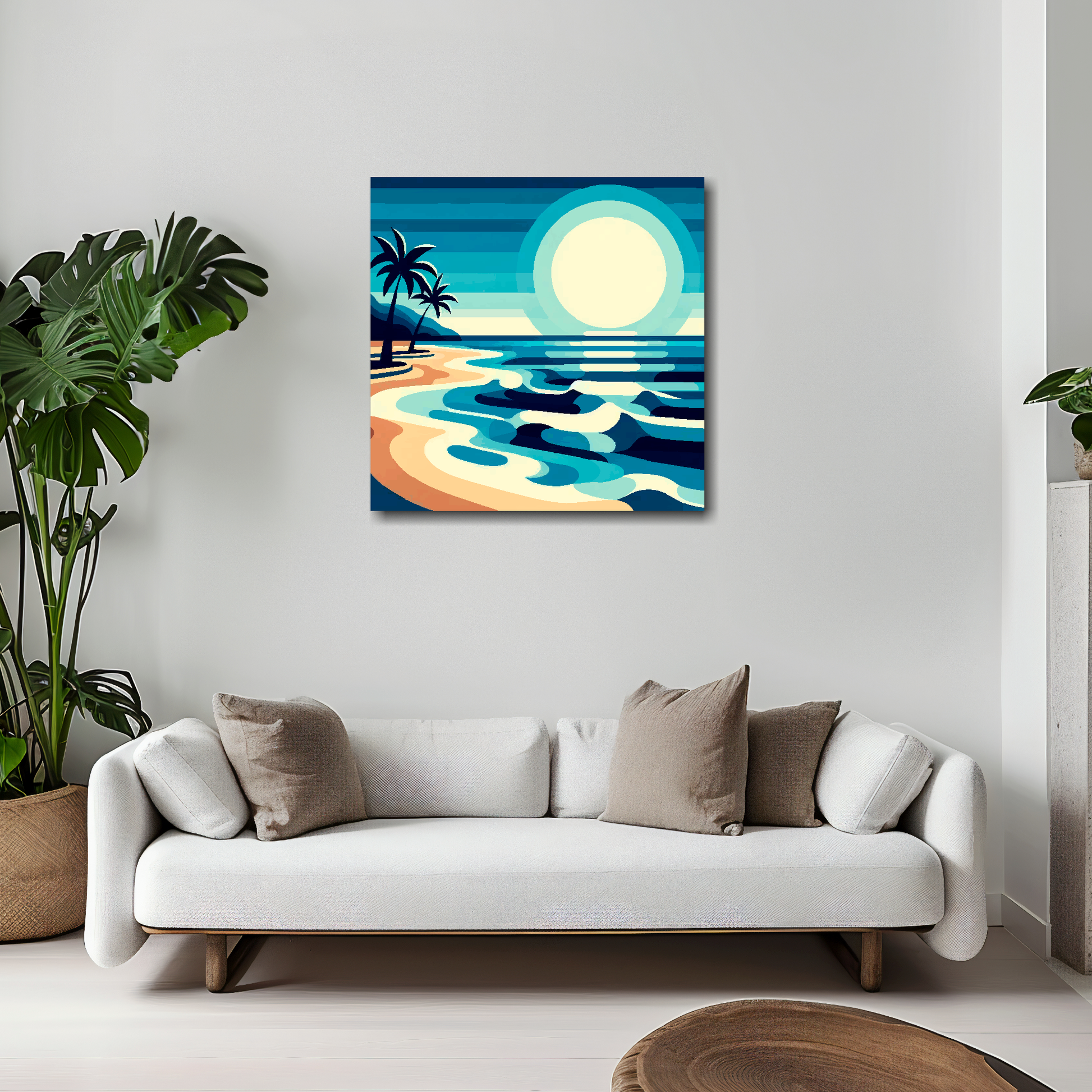 20 inch by 20 inch square canvas featuring an abstract tropical palm beach. Mounted on a white wall above a white sofa with decorative pillows.