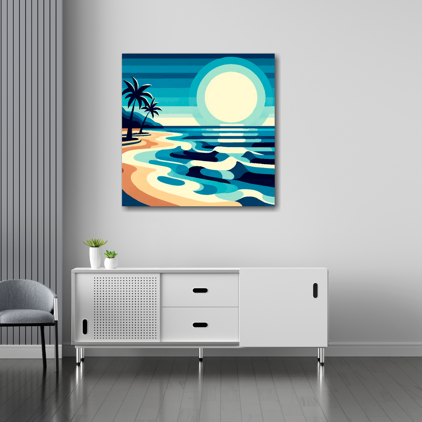 30 inch by 30 inch square canvas featuring an abstract tropical palm beach. Mounted on a white wall above a white sideboard.