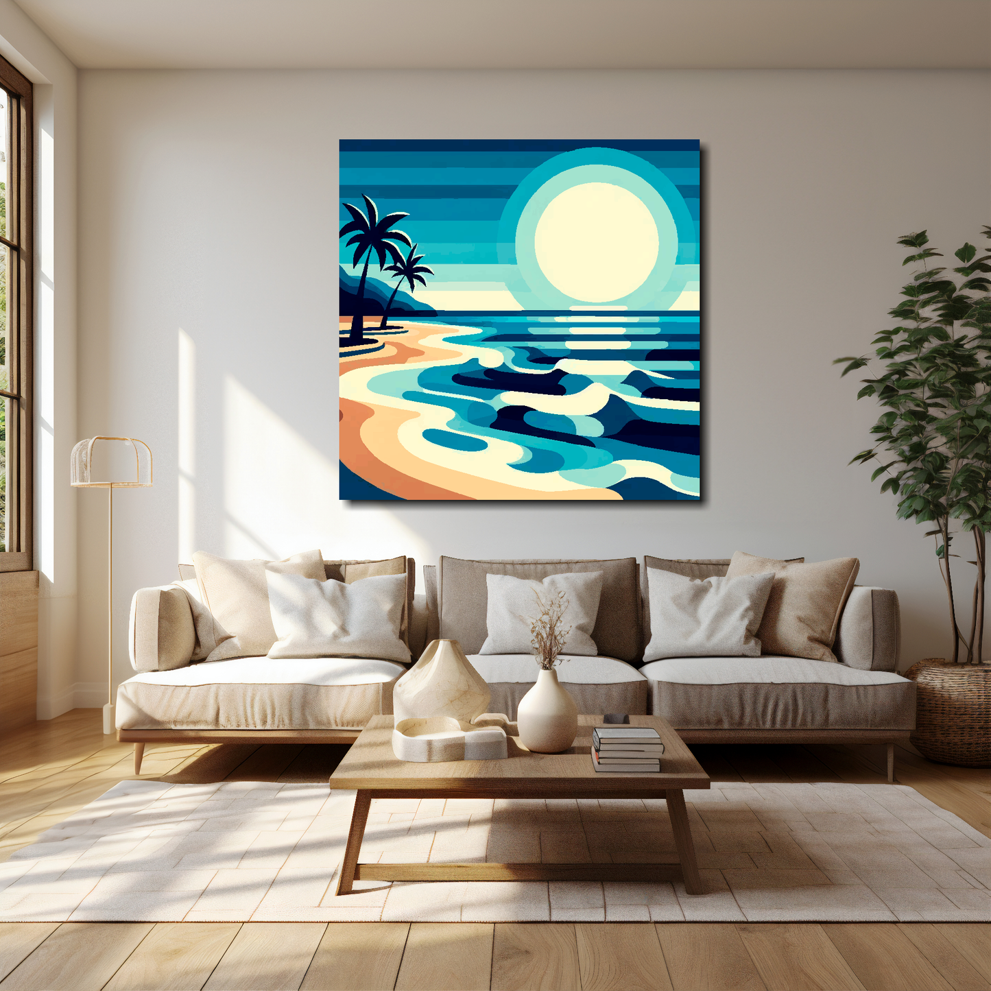 40 inch by 40 inch square canvas featuring an abstract tropical palm beach. Mounted on a cream wall above a cream sofa with decorative pillows.