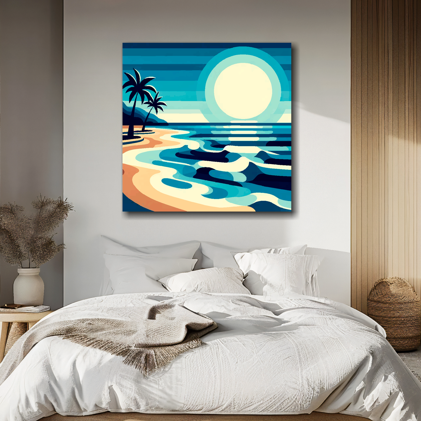 Large canvas wall art - Colourful Palm Beach, tropical beach scene. Available in 3 large sizes.