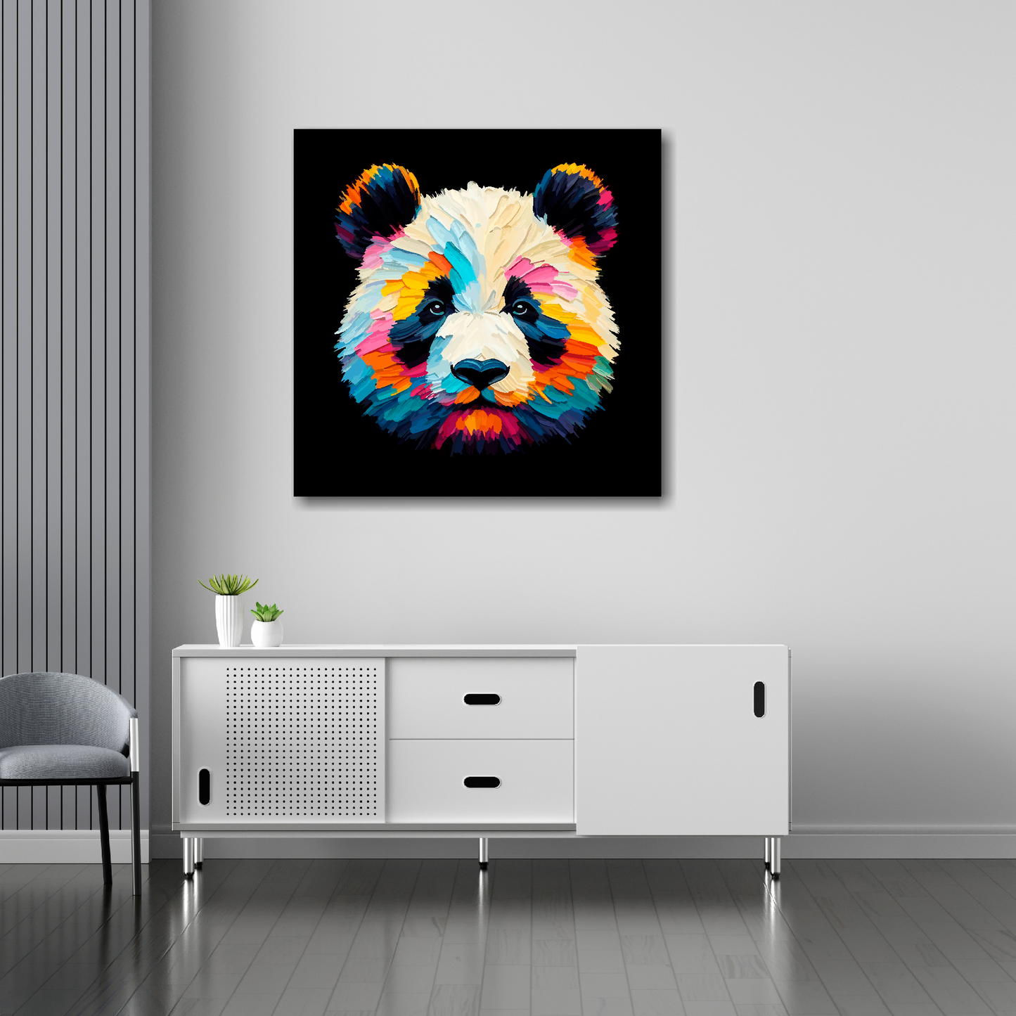 30 inch by 30 inch square canvas of a colouful Panda head portrait on a black background. Mounted on a white wall above a white sideboard.