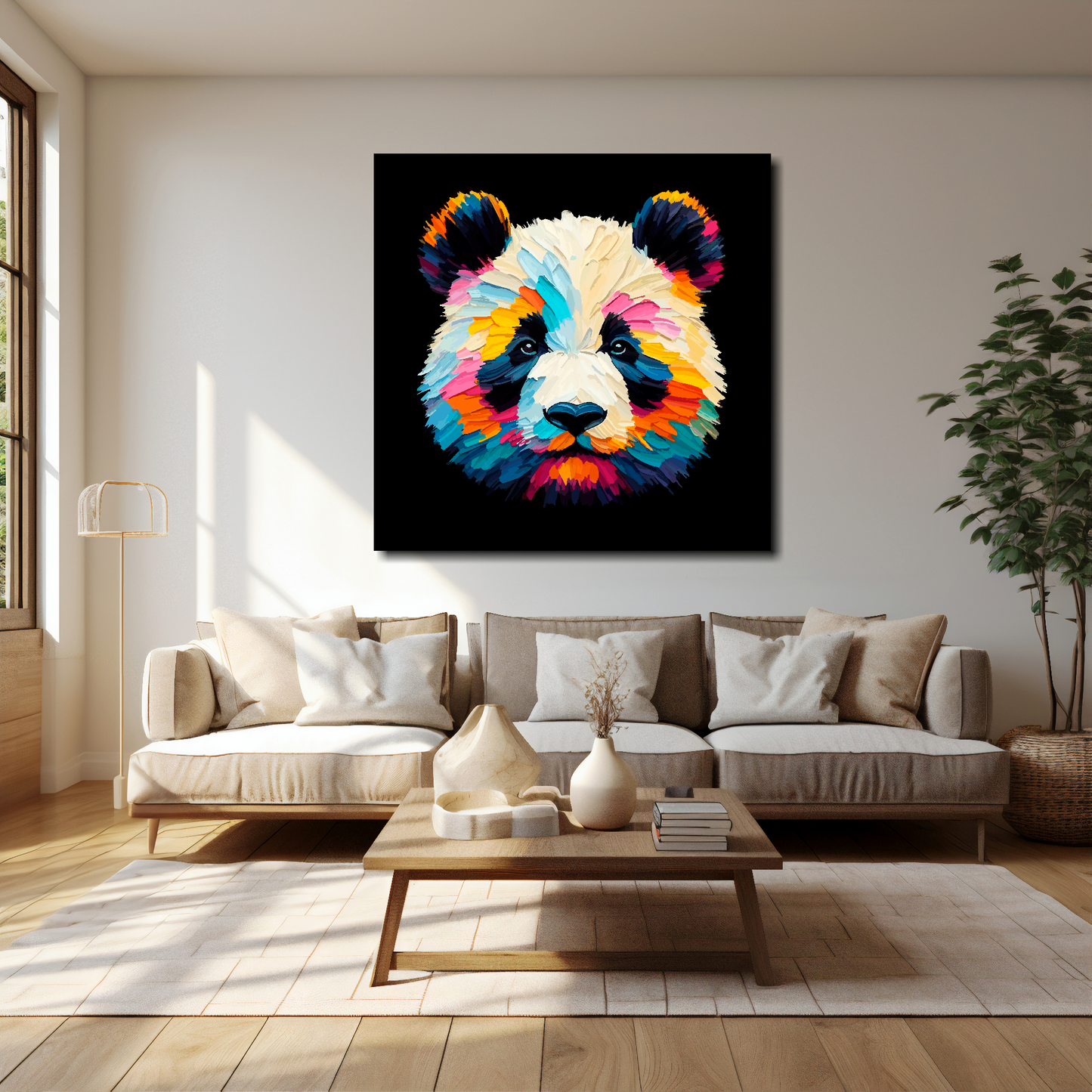 40 inch by 40 inch square canvas of a colouful Panda head portrait on a black background. Mounted on a white wall above a cream sofa with decorative pillows.