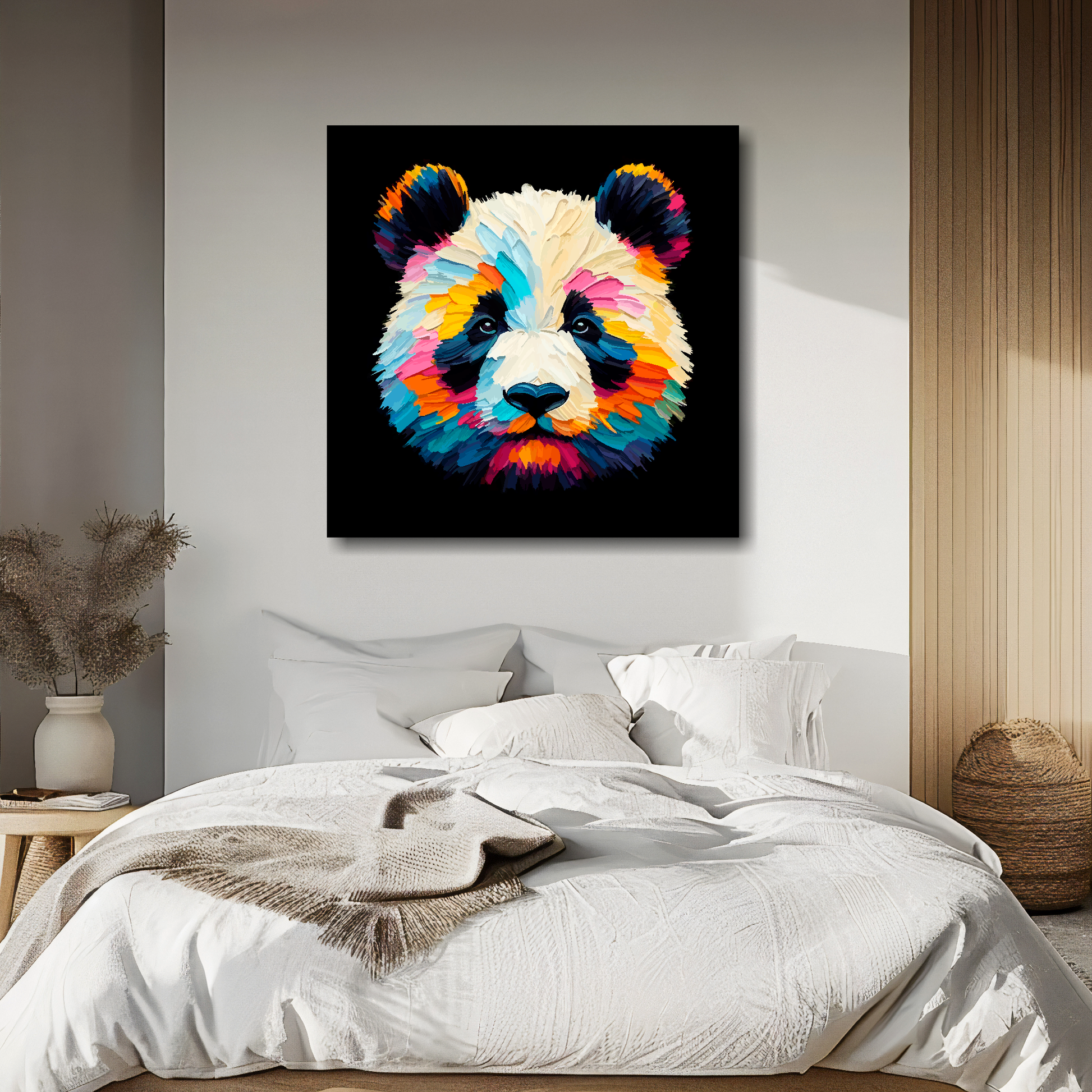 Large canvas wall art - A vibrant multi-coloured head portrait of a Panda. Available in 3 large sizes.