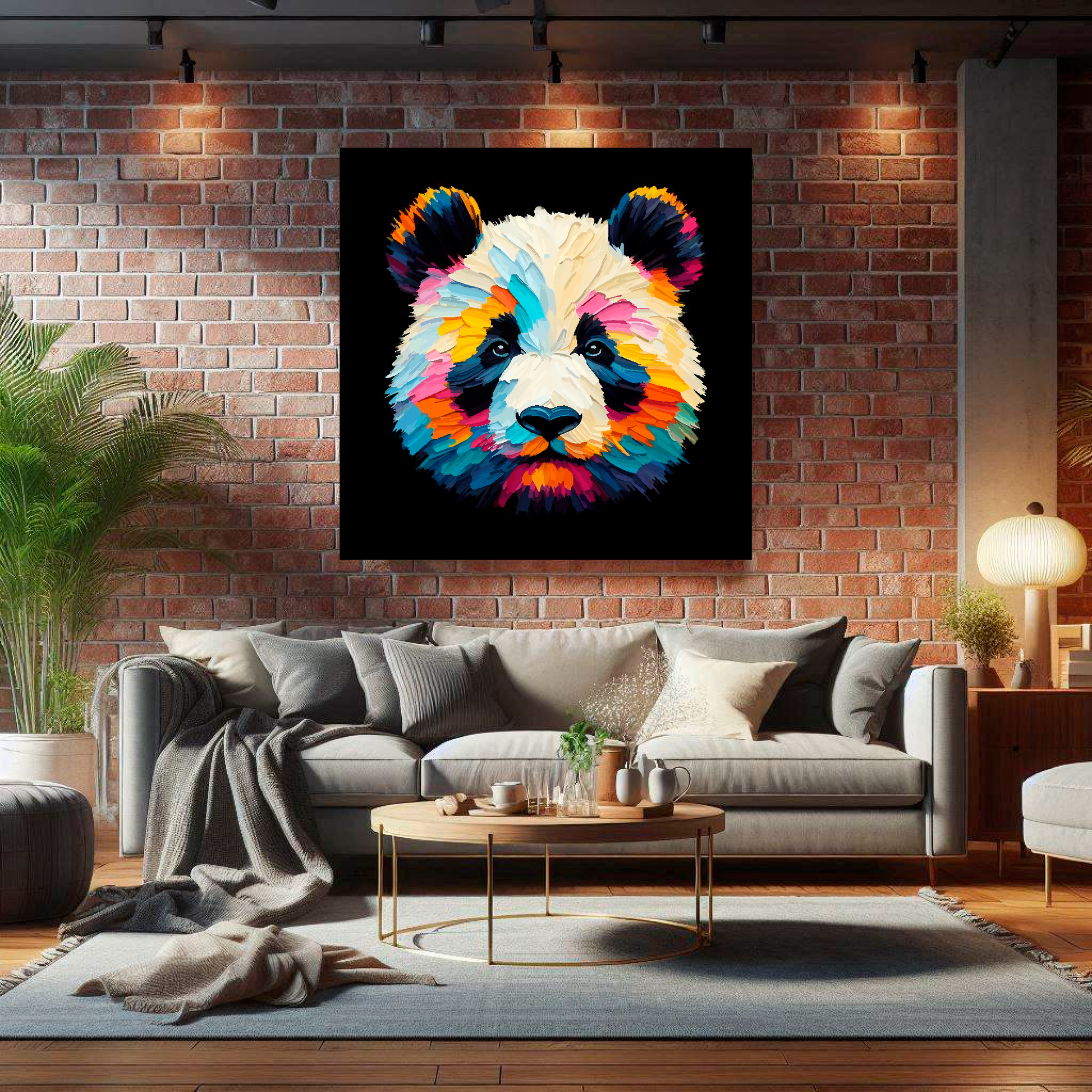 Large canvas wall art - A vibrant multi-coloured head portrait of a Panda. Available in 3 large sizes.