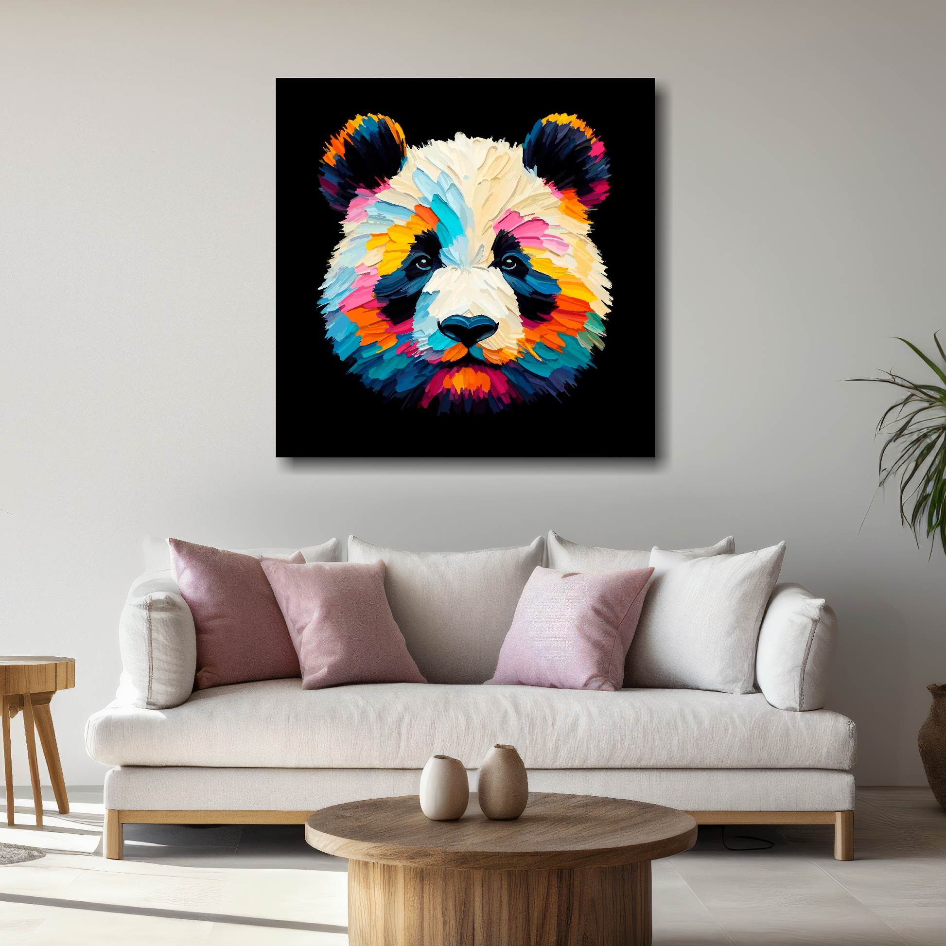 Large canvas wall art - A vibrant multi-coloured head portrait of a Panda. Available in 3 large sizes.