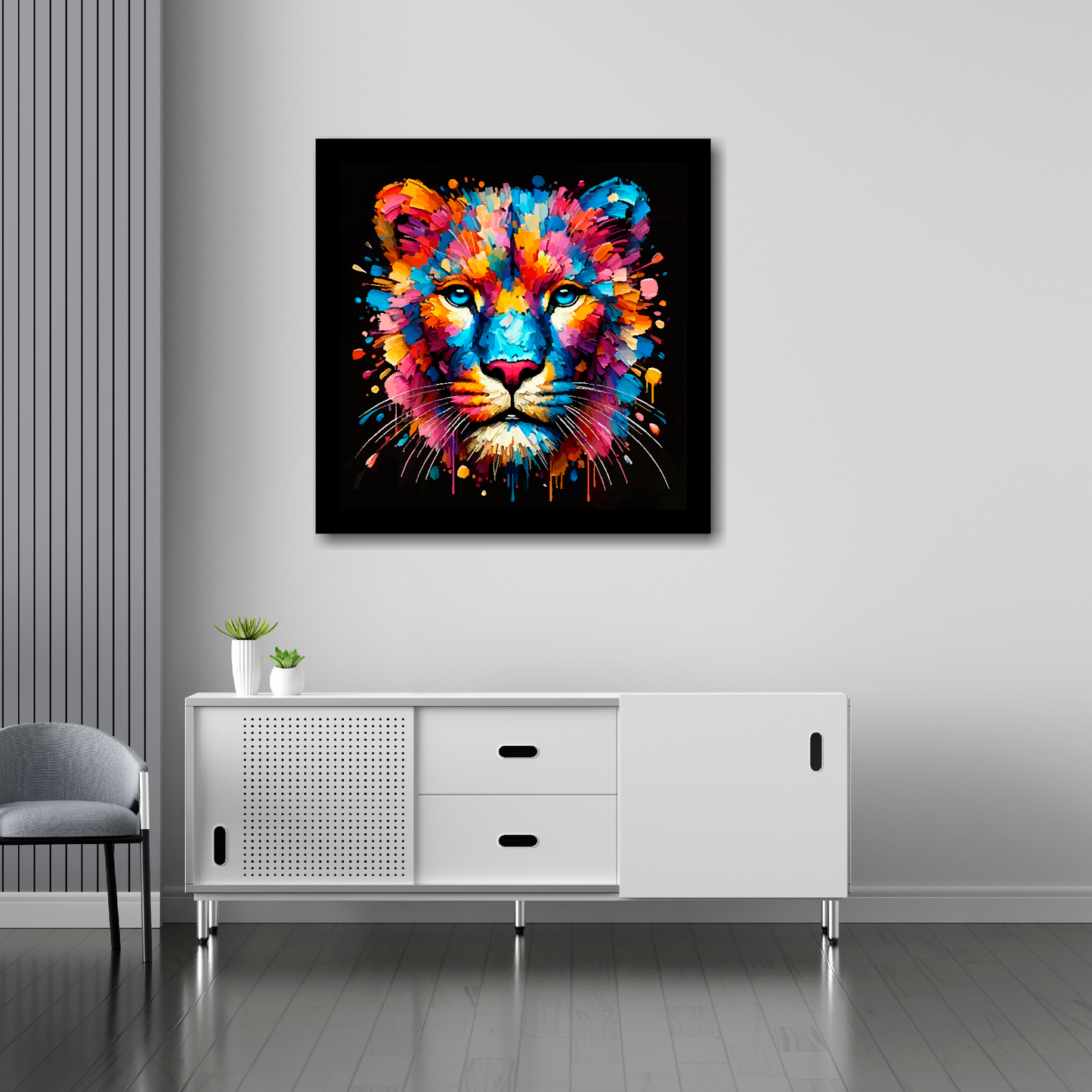 30 inch by 30 inch square canvas of a colouful Panther head portrait on a black background. Mounted on a white wall above a white sideboard.