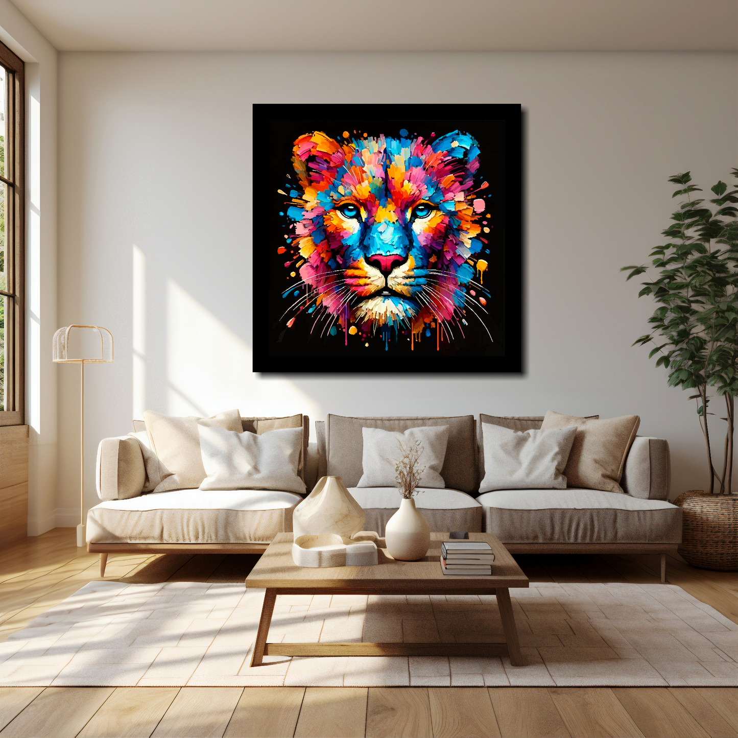 40 inch by 40 inch square canvas of a colouful Panther head portrait on a black background. Mounted on a white wall above a cream sofa with decorative pillows.