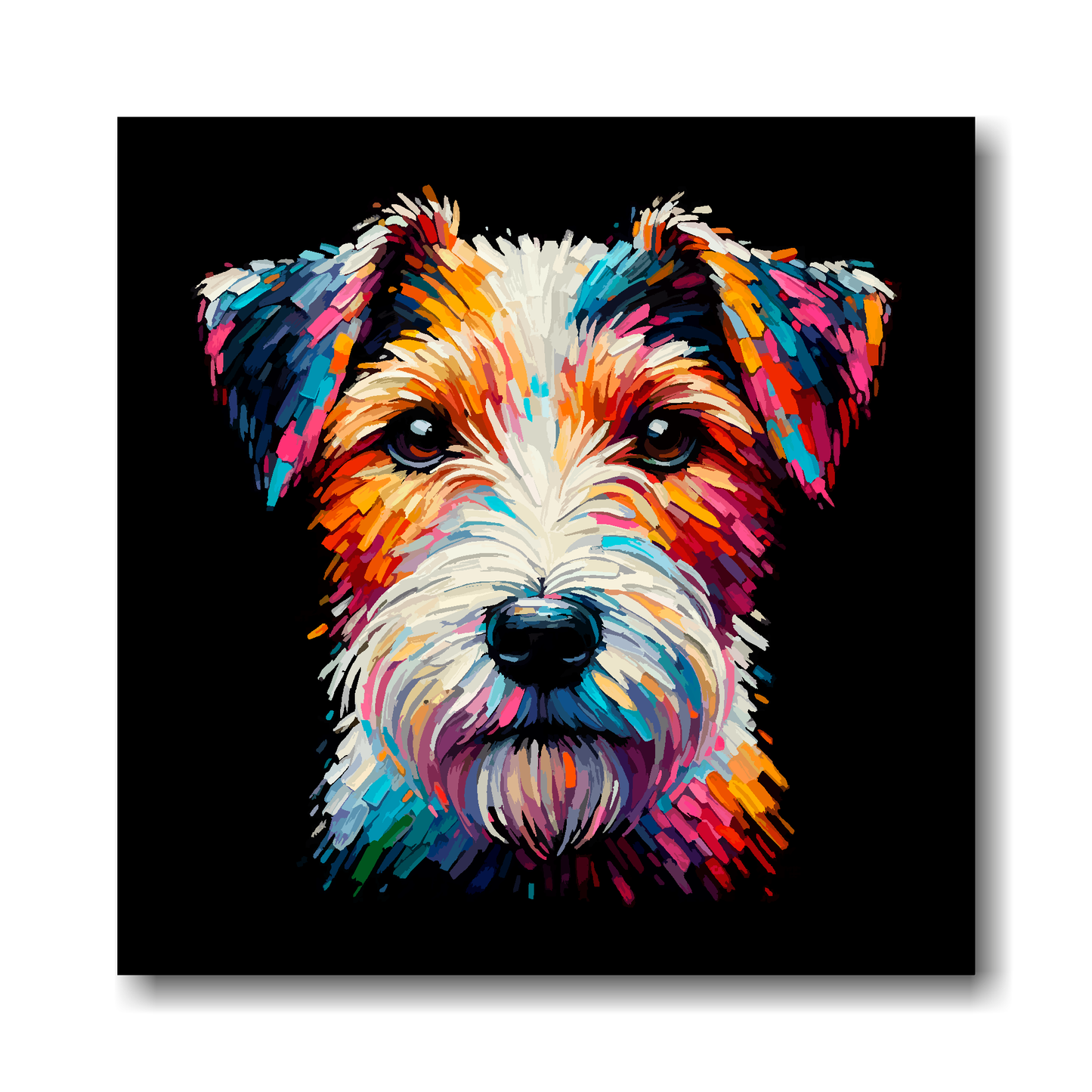 Colourful painting of a Parson Russell Terrier dog's face on a black background.