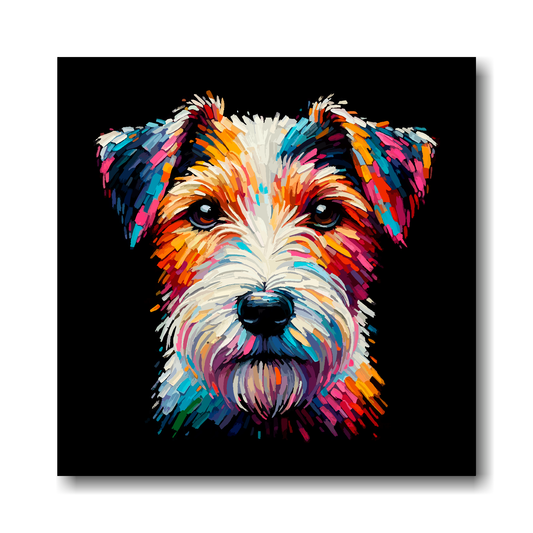 Colourful painting of a Parson Russell Terrier dog's face on a black background.