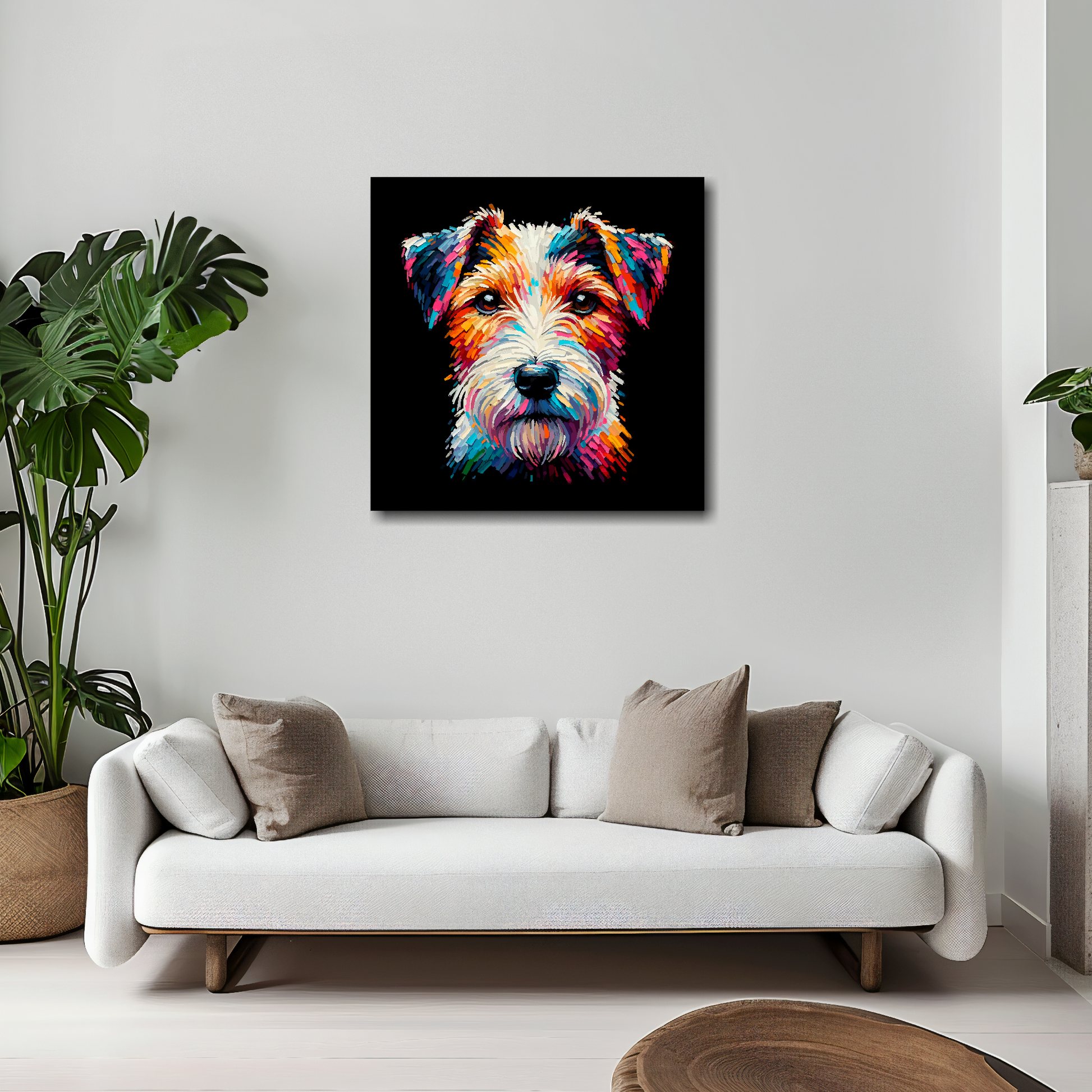 20 inch by 20 inch square canvas featuring a multi-coloured Parson Russell Terrier dog portrait. Mounted on a white wall above a white sofa with decorative pillows.
