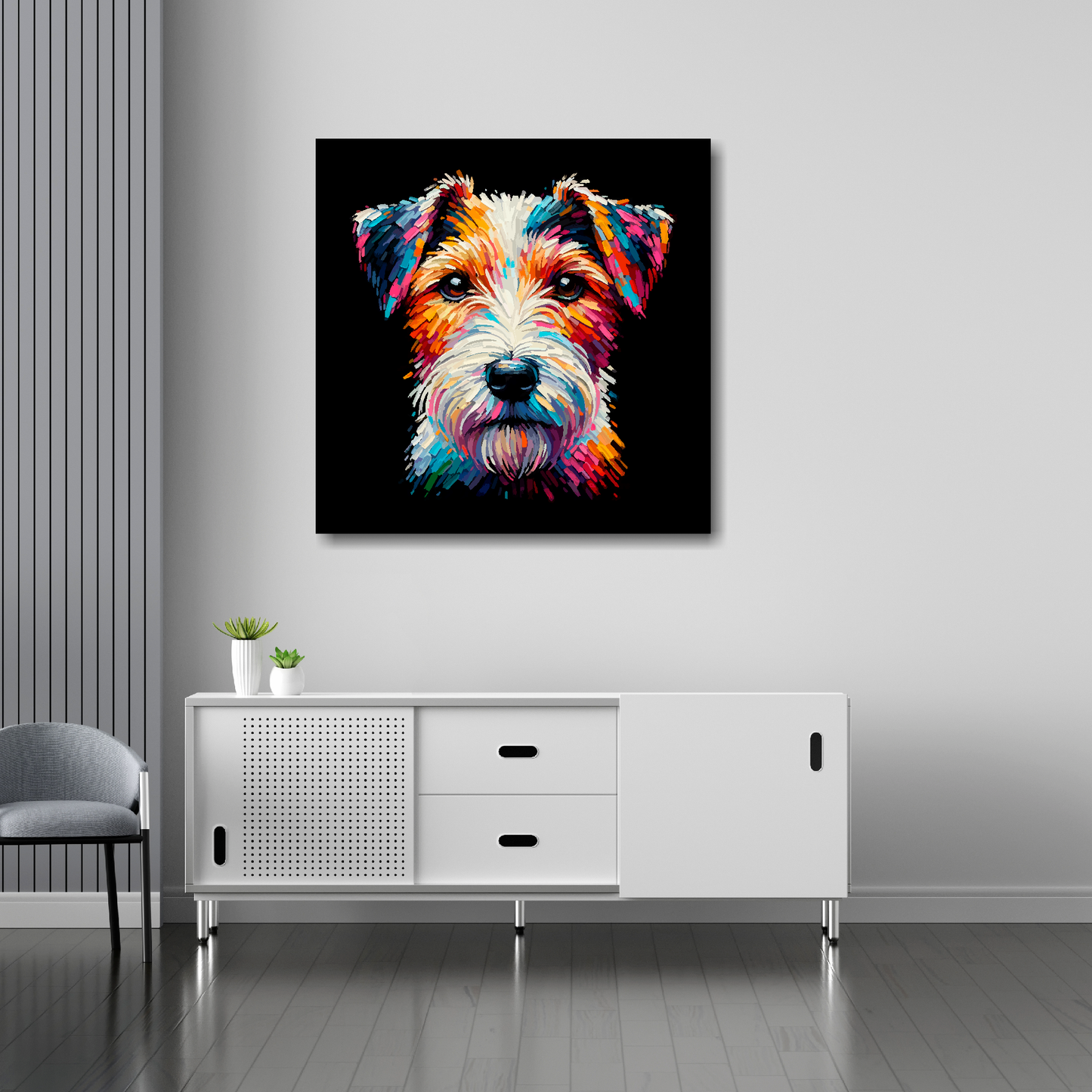 30 inch by 30 inch square canvas featuring a multi-coloured Parson Russell Terrier dog portrait. Mounted on a white wall above a white sideboard.