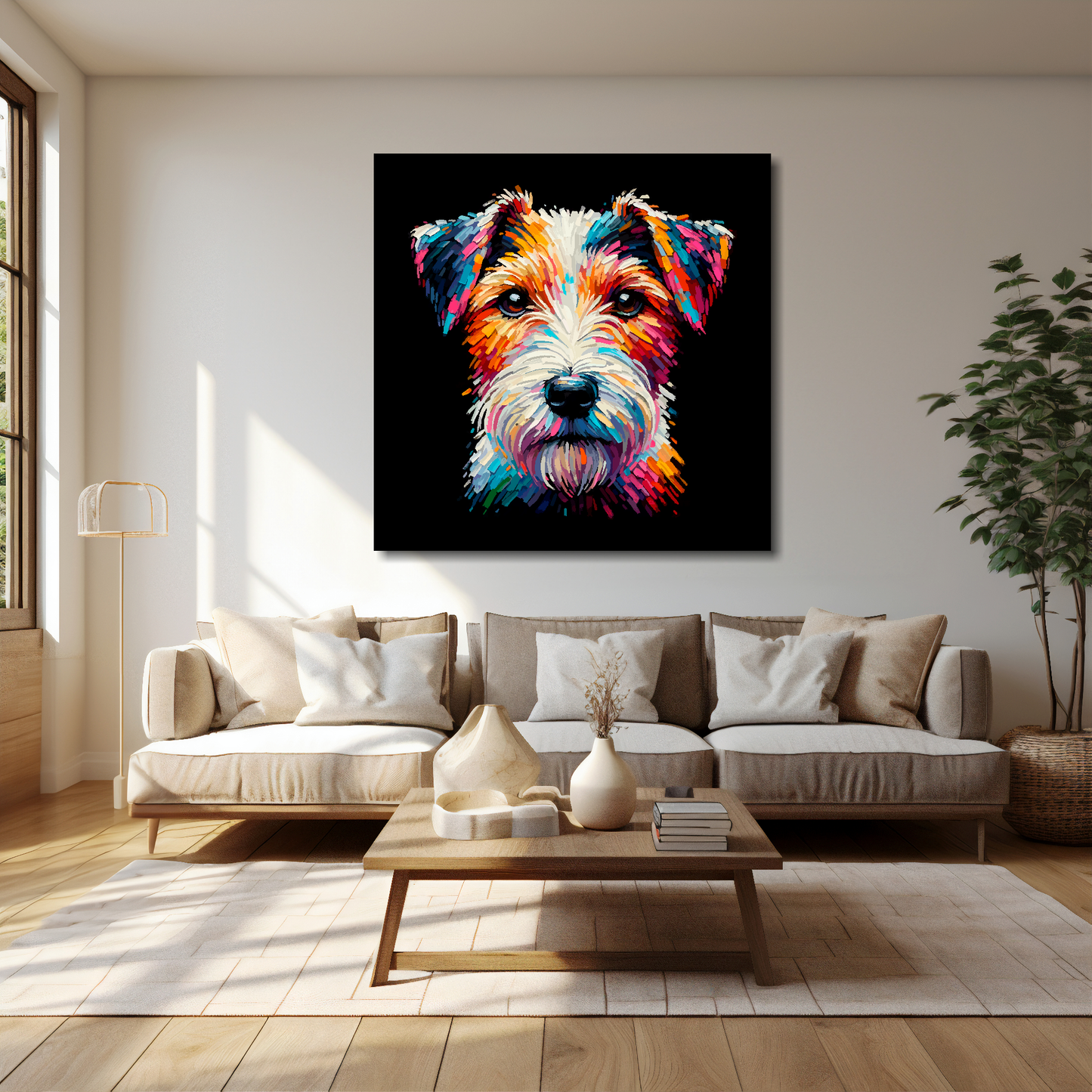 40 inch by 40 inch square canvas featuring a multi-coloured Parson Russell Terrier dog portrait. Mounted on a cream wall above a cream sofa with decorative pillows.