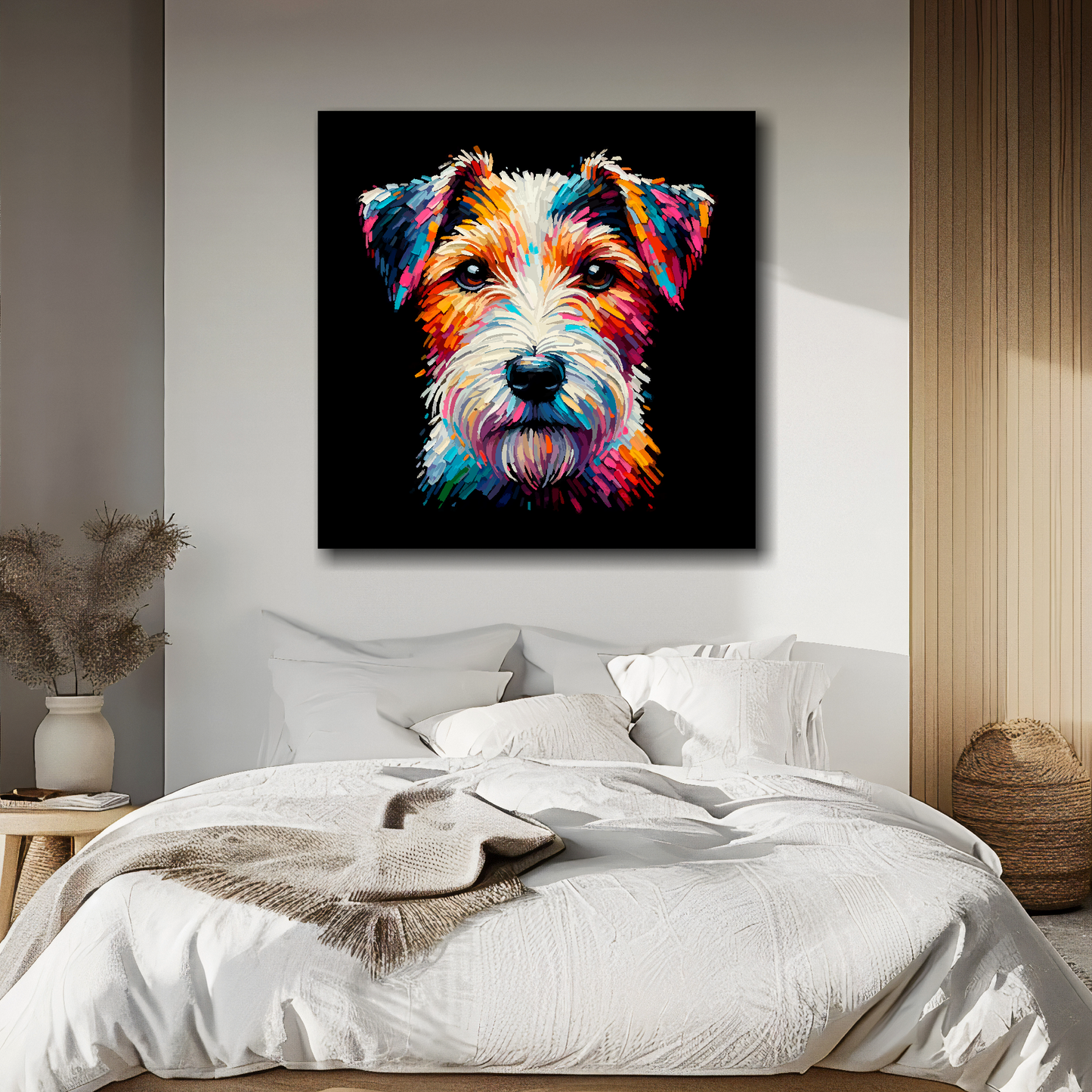 Big canvas featuring a multi-coloured Parson Russell Terrier dog portrait. Mounted on a white wall above a double bed.