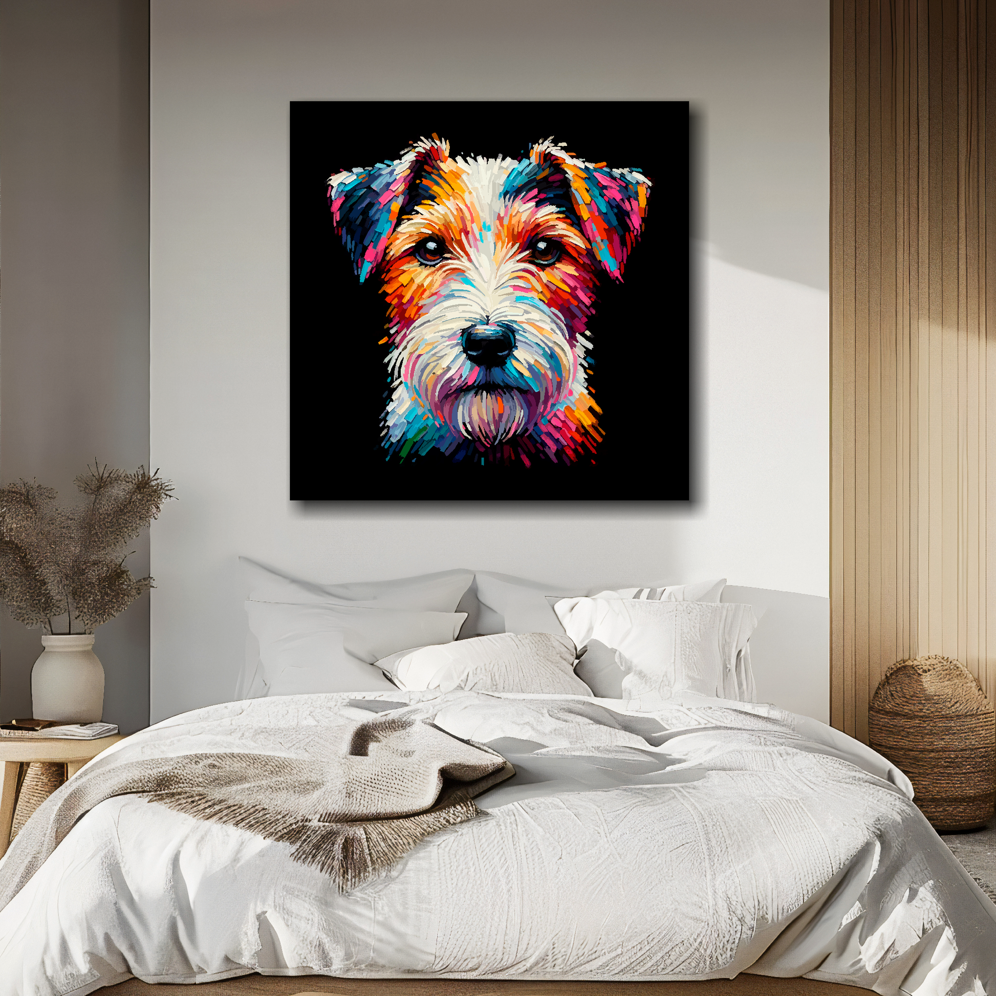 Big canvas featuring a multi-coloured Parson Russell Terrier dog portrait. Mounted on a white wall above a double bed.