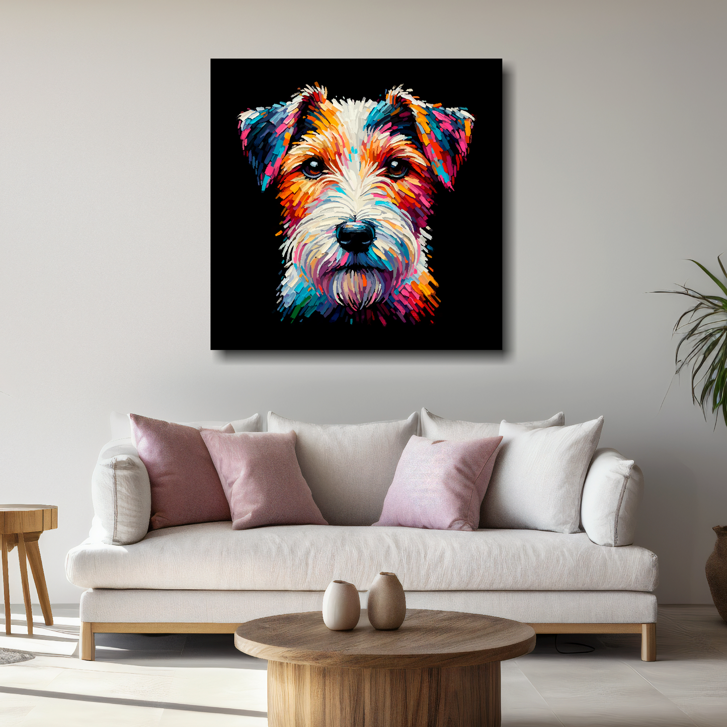Large canvas featuring a multi-coloured Parson Russell Terrier dog portrait. Mounted on a white wall above a white sofa with decorative pillows.