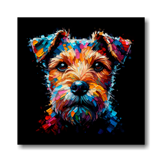 Colourful abstract painting of a Patterdale Terrier dog's face on a black background.