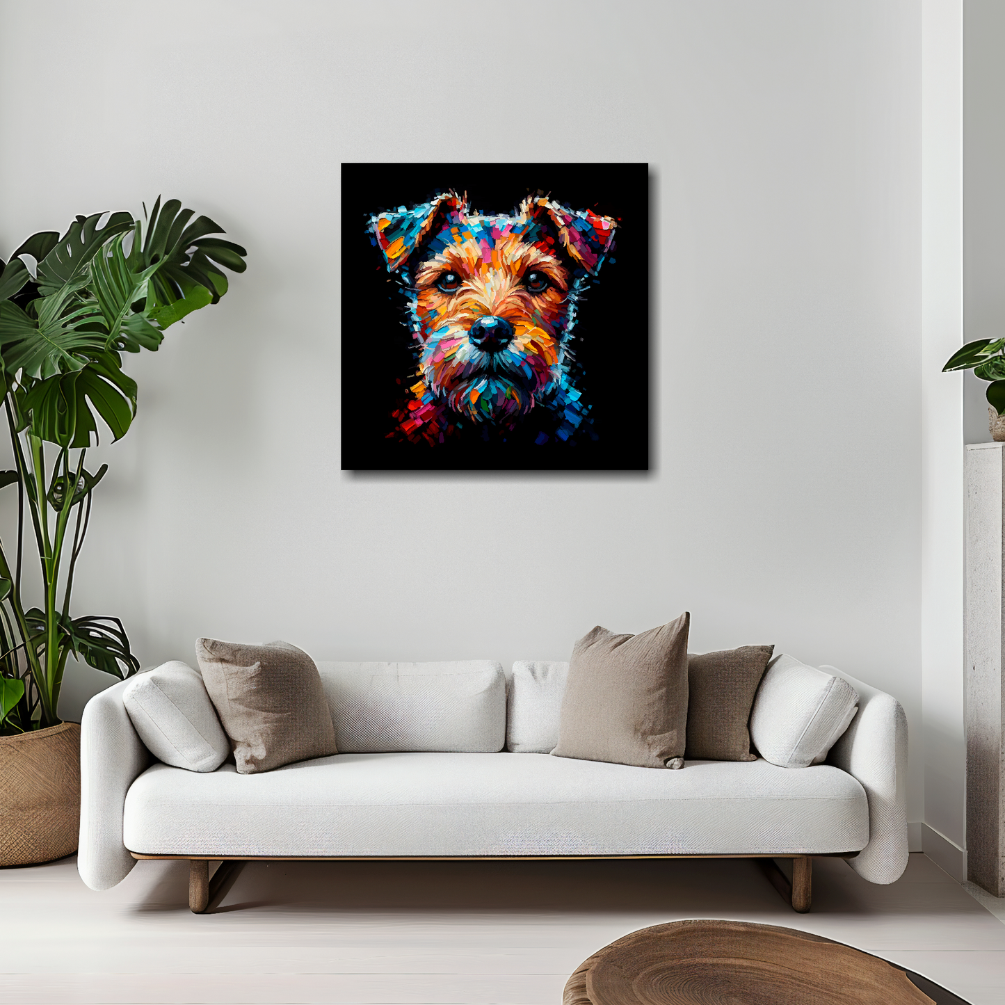 20 inch by 20 inch square canvas featuring a multi-coloured Patterdale Terrier dog portrait. Mounted on a white wall above a white sofa with decorative pillows.