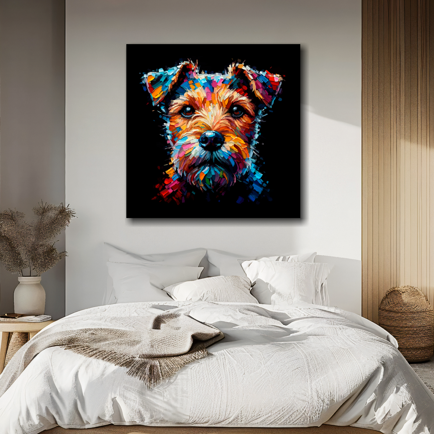 Big canvas featuring a multi-coloured Patterdale Terrier dog portrait. Mounted on a white wall above a double bed.