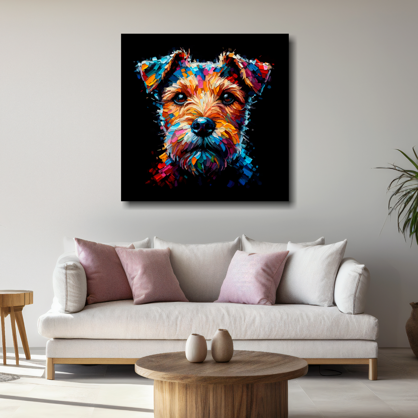 Large canvas featuring a multi-coloured Patterdale Terrier dog portrait. Mounted on a white wall above a white sofa with decorative pillows.