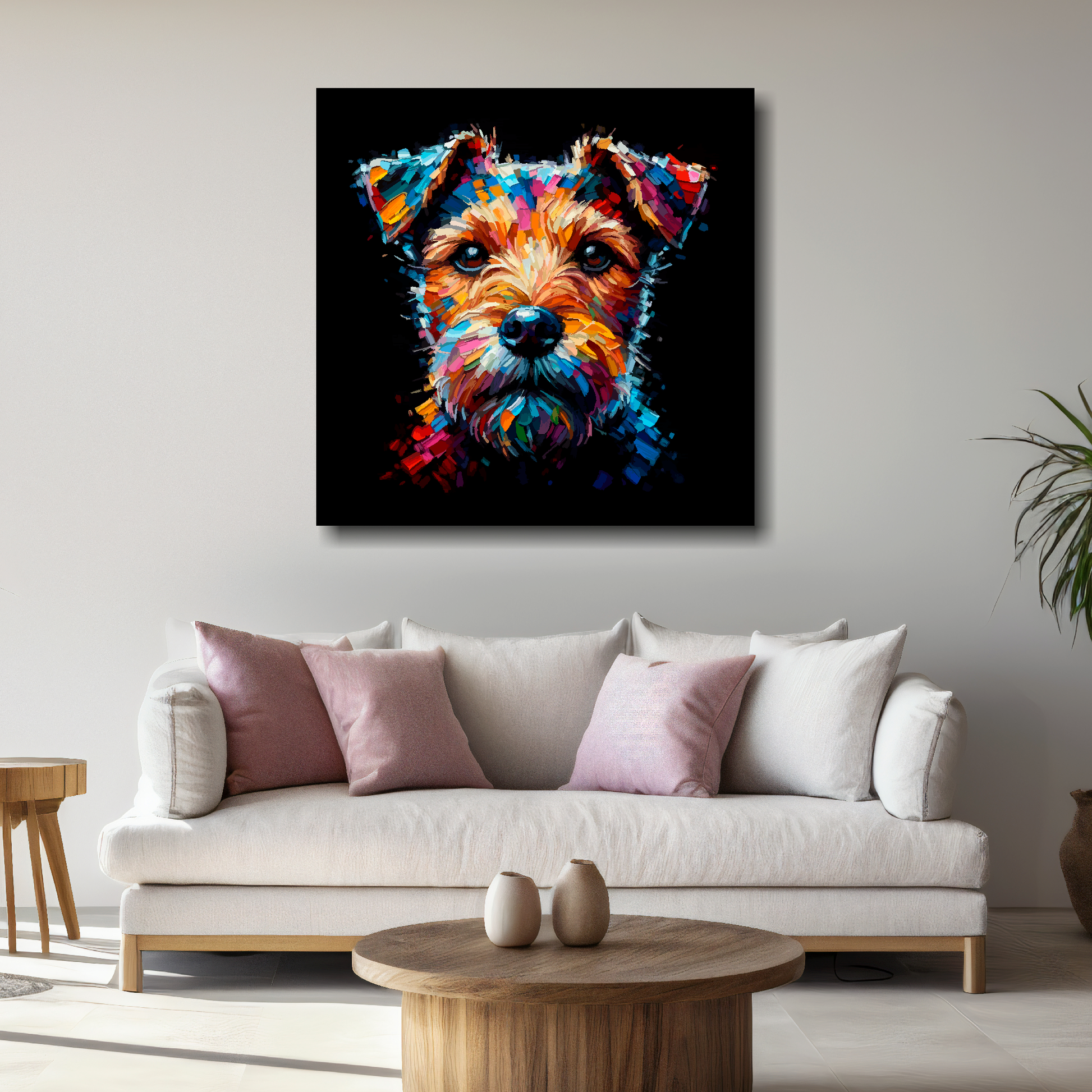 Large canvas featuring a multi-coloured Patterdale Terrier dog portrait. Mounted on a white wall above a white sofa with decorative pillows.