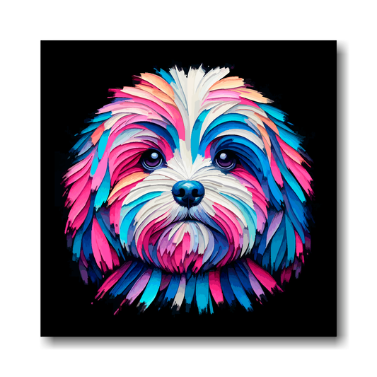 Colourful abstract painting of a Peekapoo dog's face on a black background.