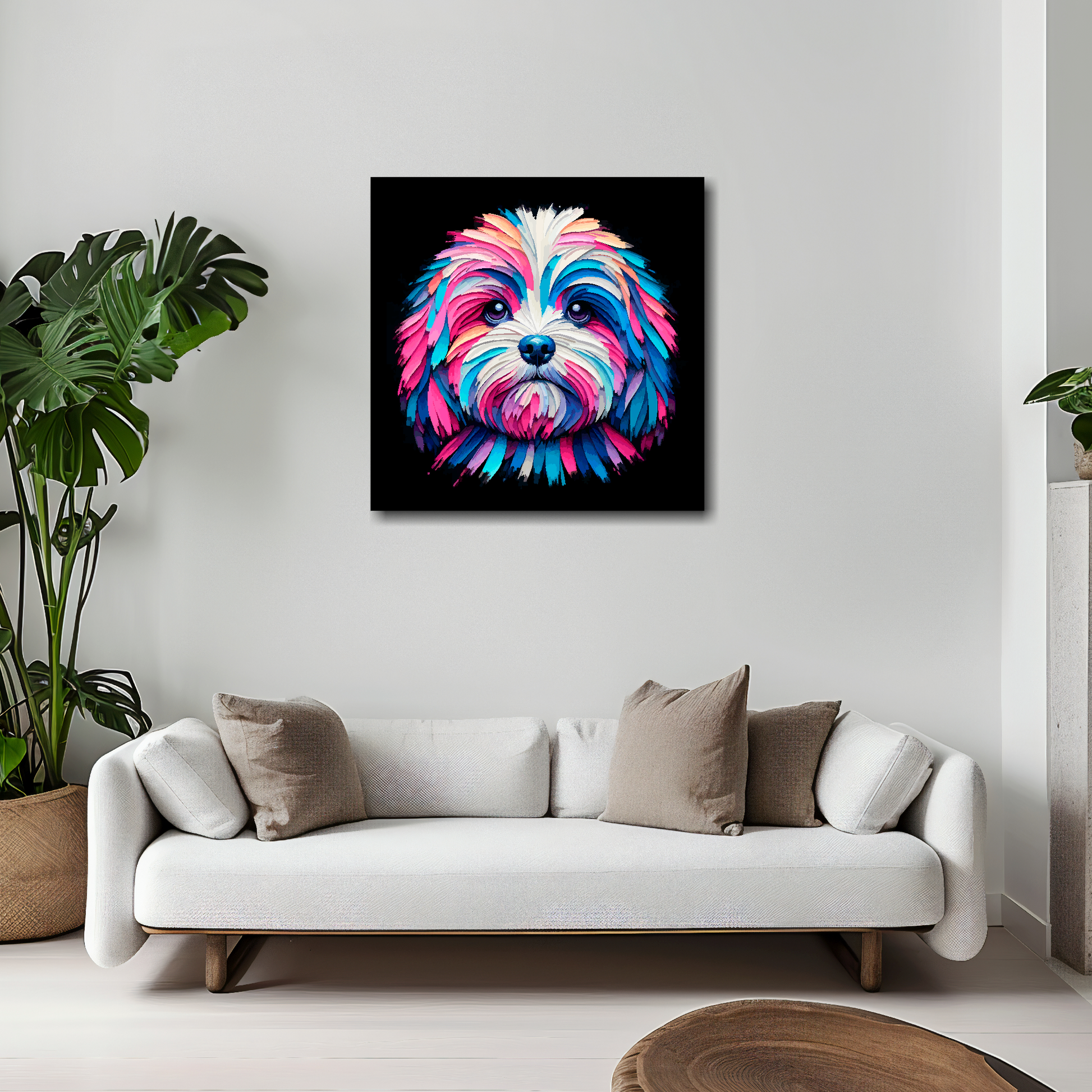 20 inch by 20 inch canvas print featuring a multi-coloured Peekapoo dog portrait. Mounted on a white wall above a white sofa with decorative pillows.