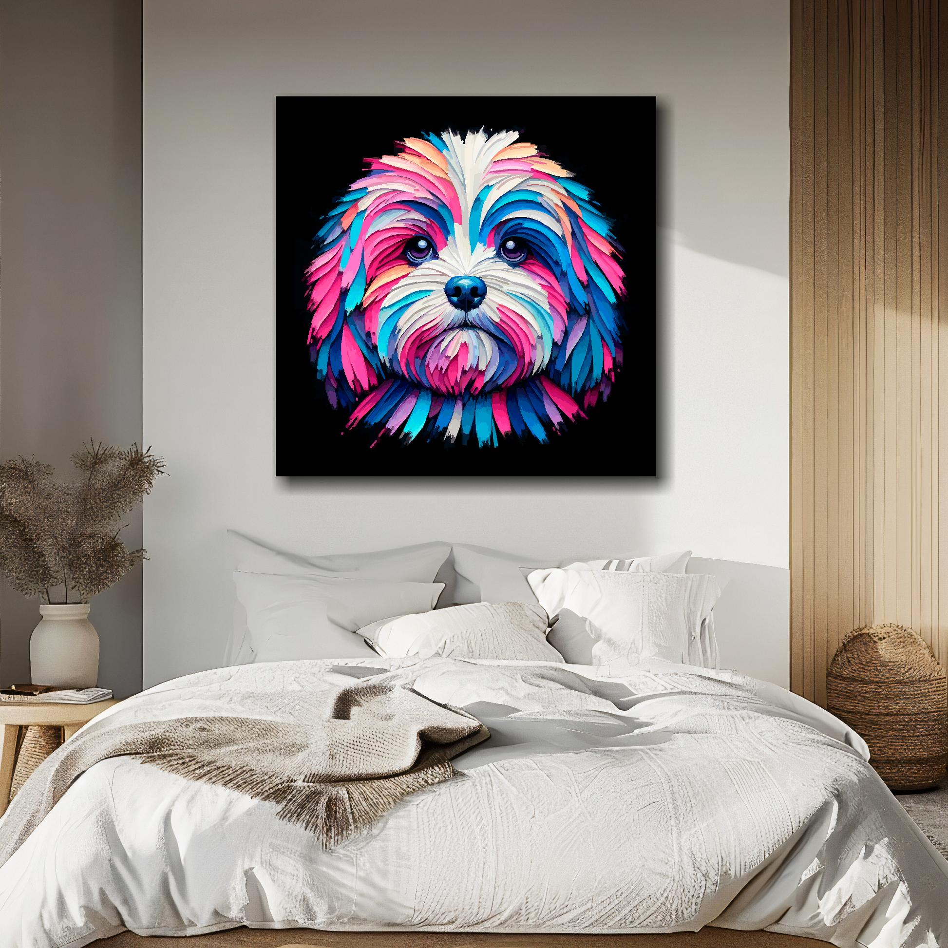 Canvas print featuring a multi-coloured Peekapoo dog portrait. Mounted on a white wall above a double bed.
