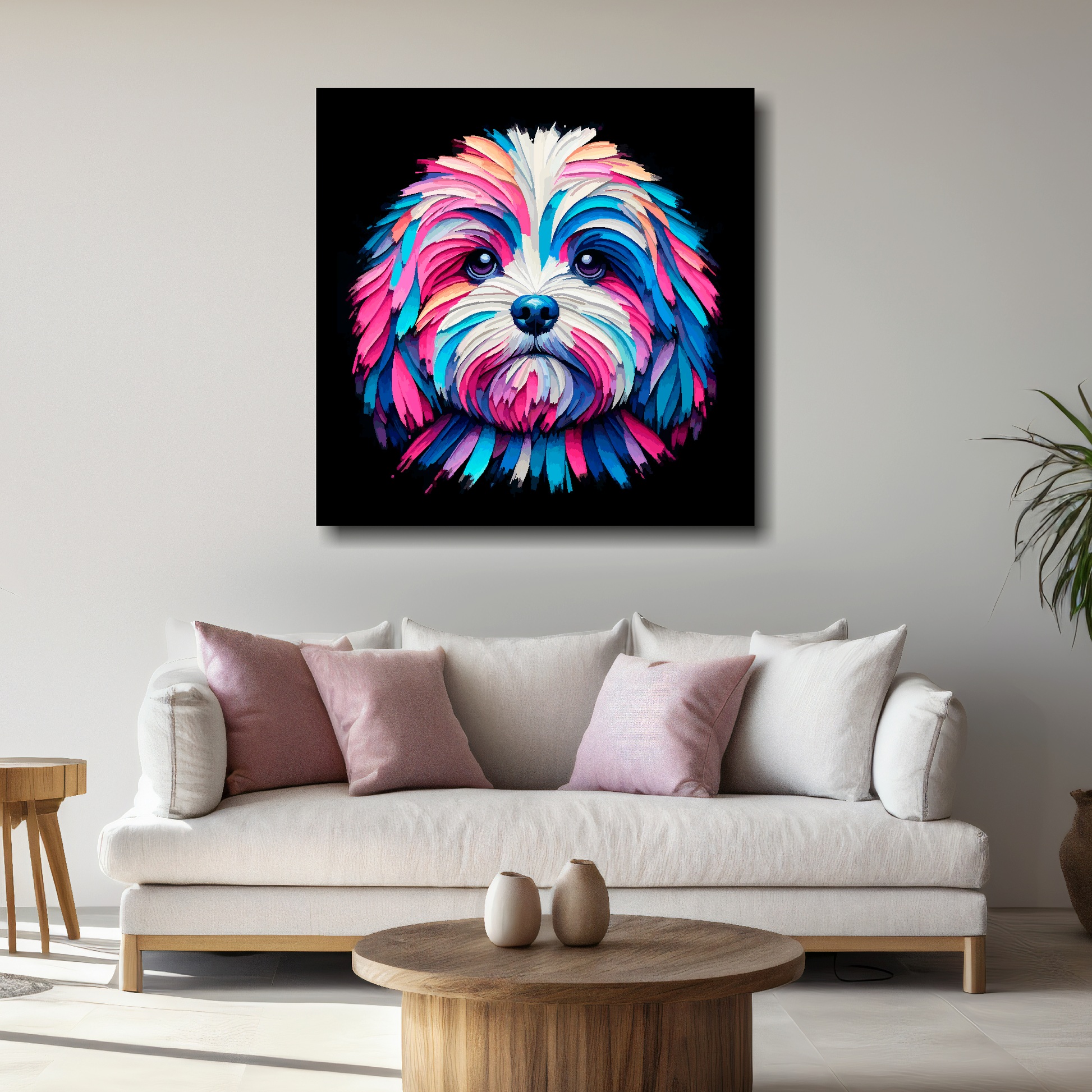 Large canvas print featuring a multi-coloured Peekapoo dog portrait. Mounted on a white wall above a white sofa with decorative pillows.