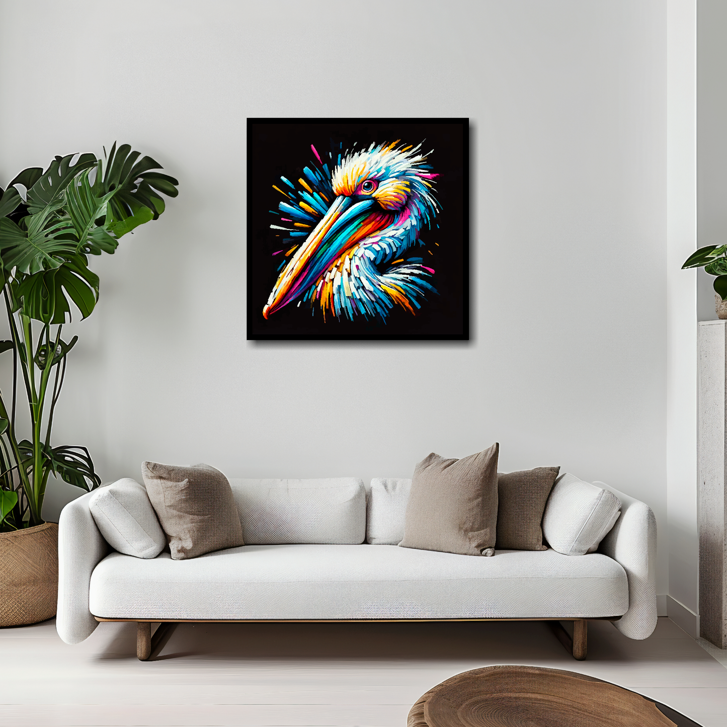 20 inch by 20 inch square canvas of a colourful Pelican portrait on a black background. Mounted on a white wall above a white sofa with decorative pillows.