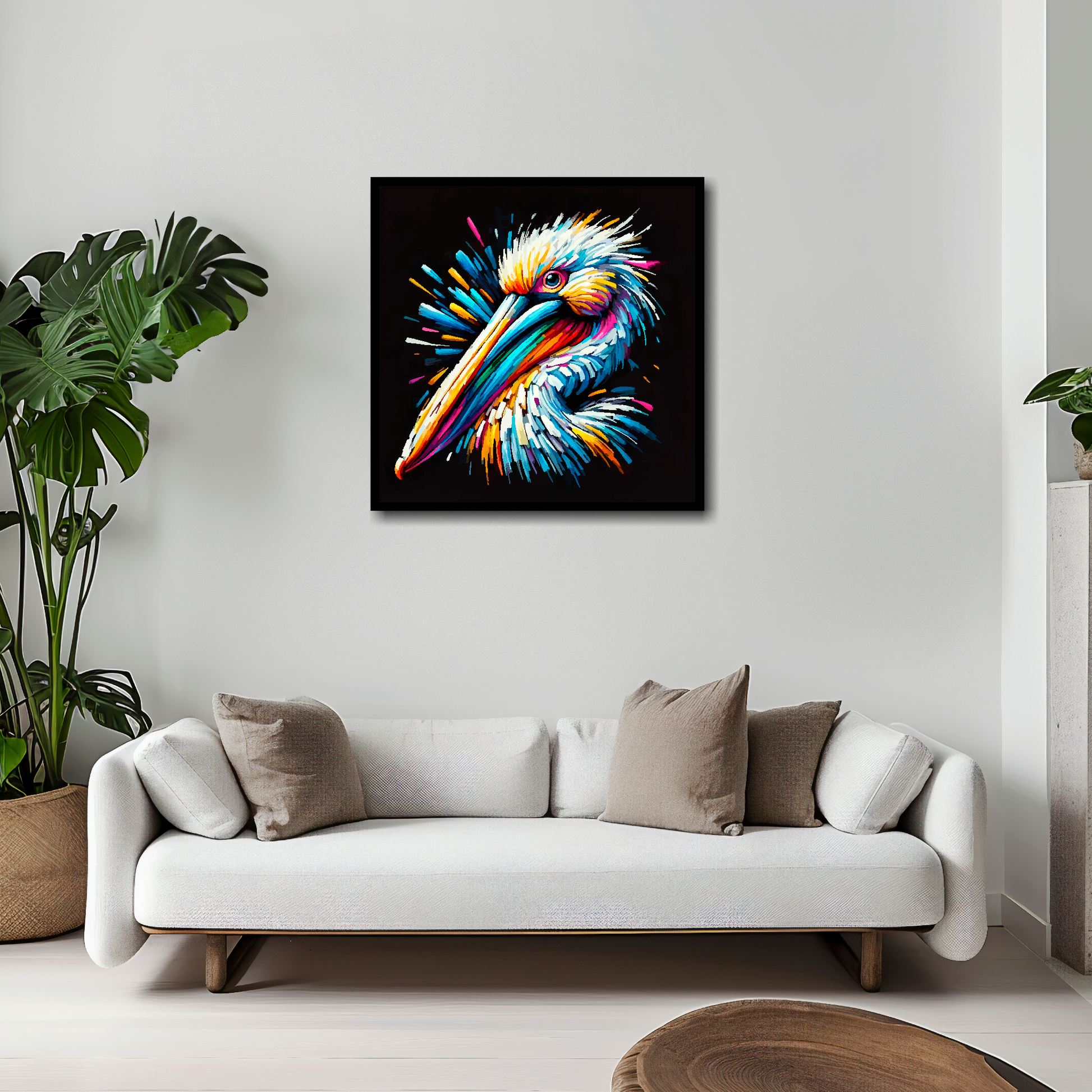 20 inch by 20 inch square canvas of a colourful Pelican portrait on a black background. Mounted on a white wall above a white sofa with decorative pillows.