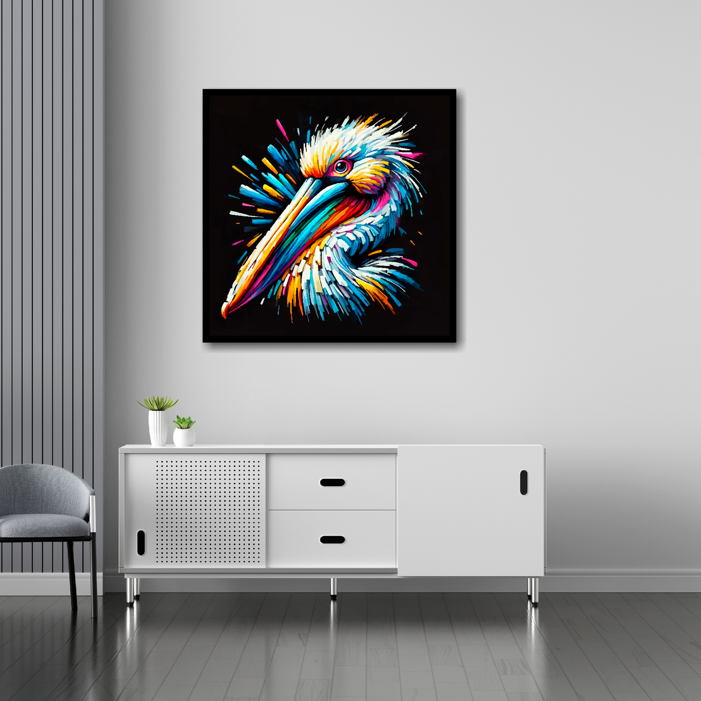 30 inch by 30 inch square canvas of a colourful Pelican portrait on a black background. Mounted on a white wall above a white sideboard.