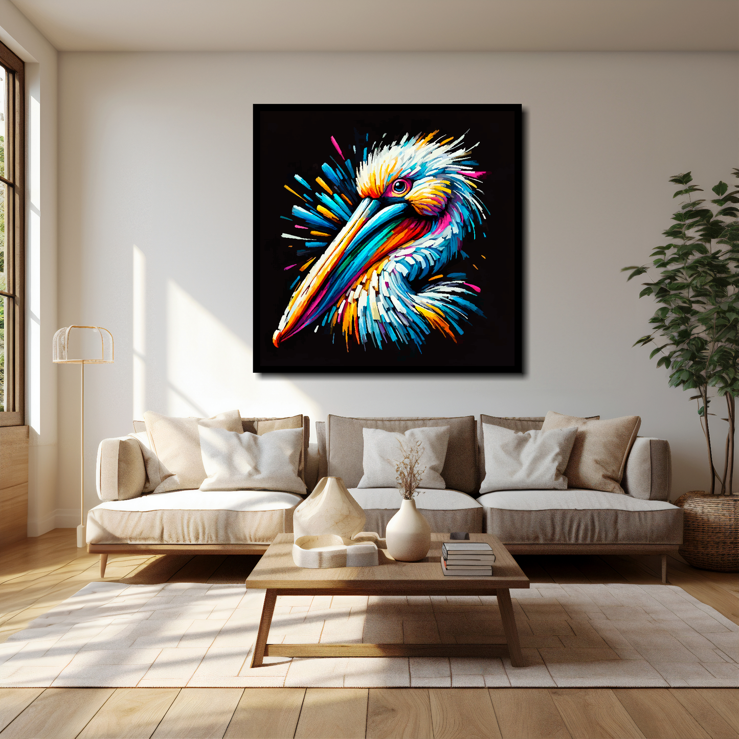 40 inch by 40 inch square canvas of a colourful Pelican portrait on a black background. Mounted on a white wall above a cream sofa with decorative pillows.