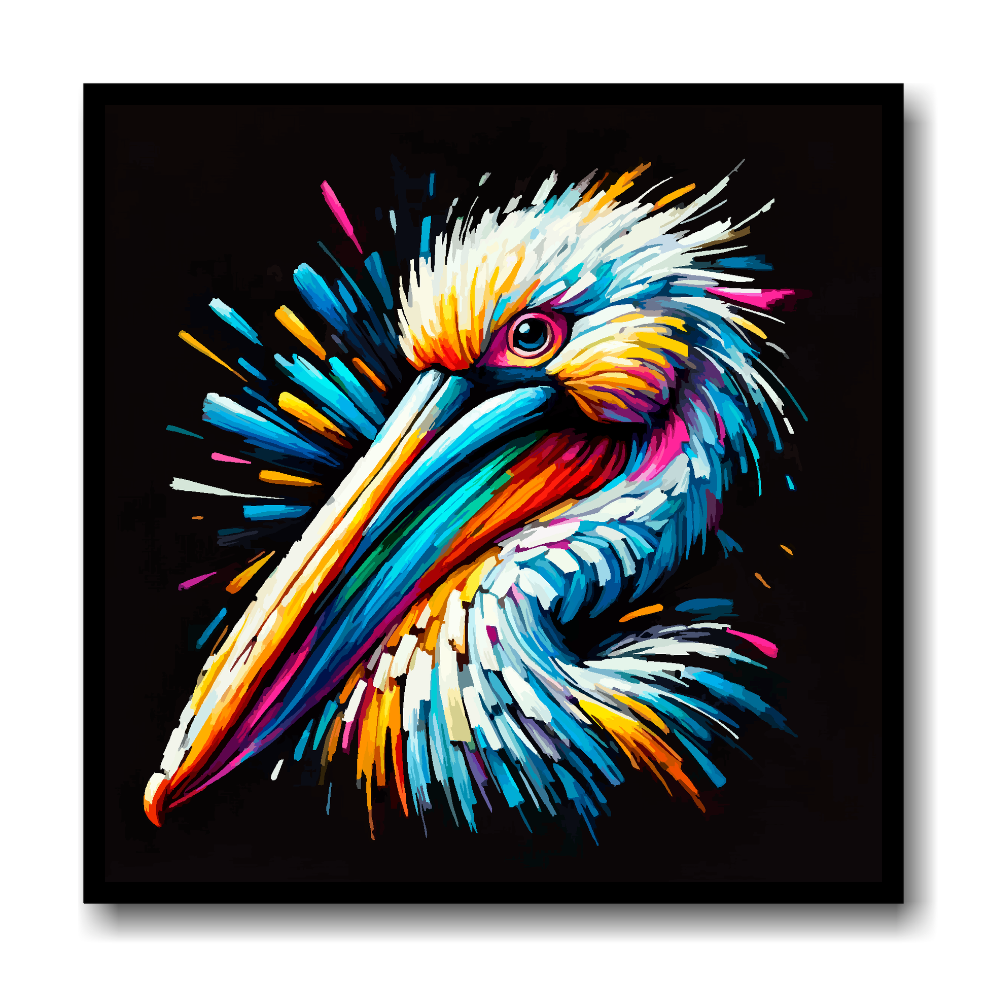 Large canvas wall art - A vibrant multi-coloured head portrait of a Pelican. Available in 3 large sizes.