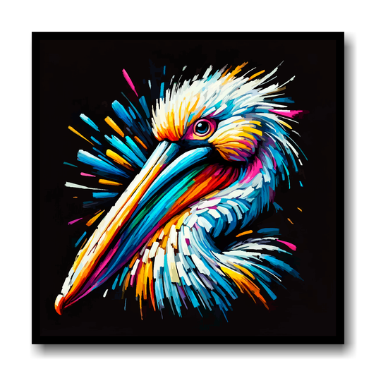 Large canvas wall art - A vibrant multi-coloured head portrait of a Pelican. Available in 3 large sizes.