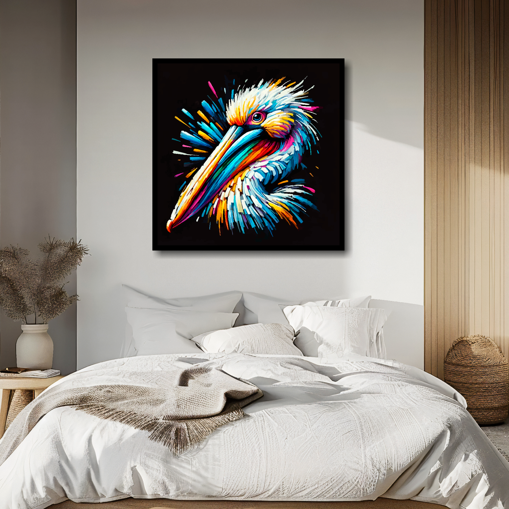 Large canvas wall art - A vibrant multi-coloured head portrait of a Pelican. Available in 3 large sizes.