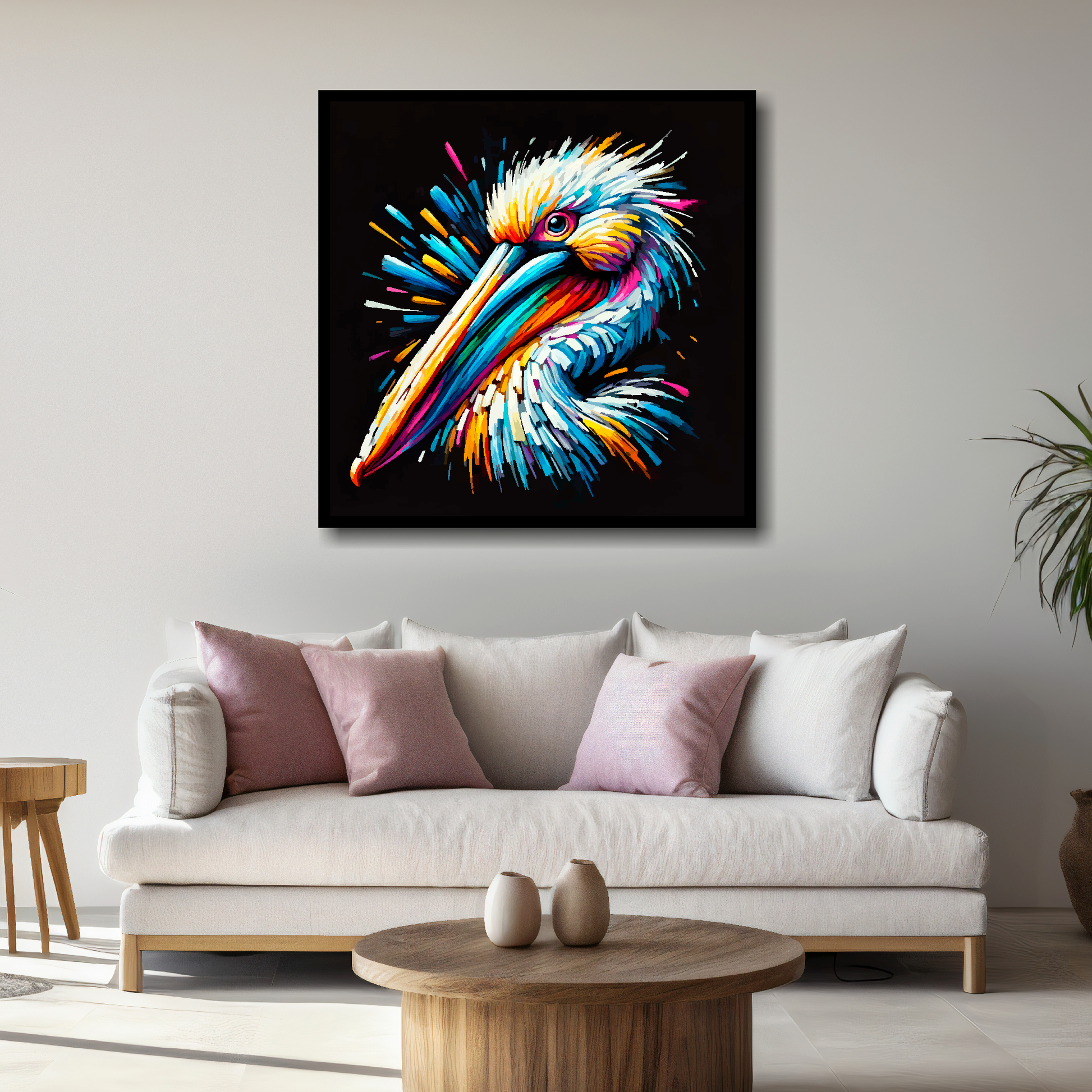 Large canvas wall art - A vibrant multi-coloured head portrait of a Pelican. Available in 3 large sizes.