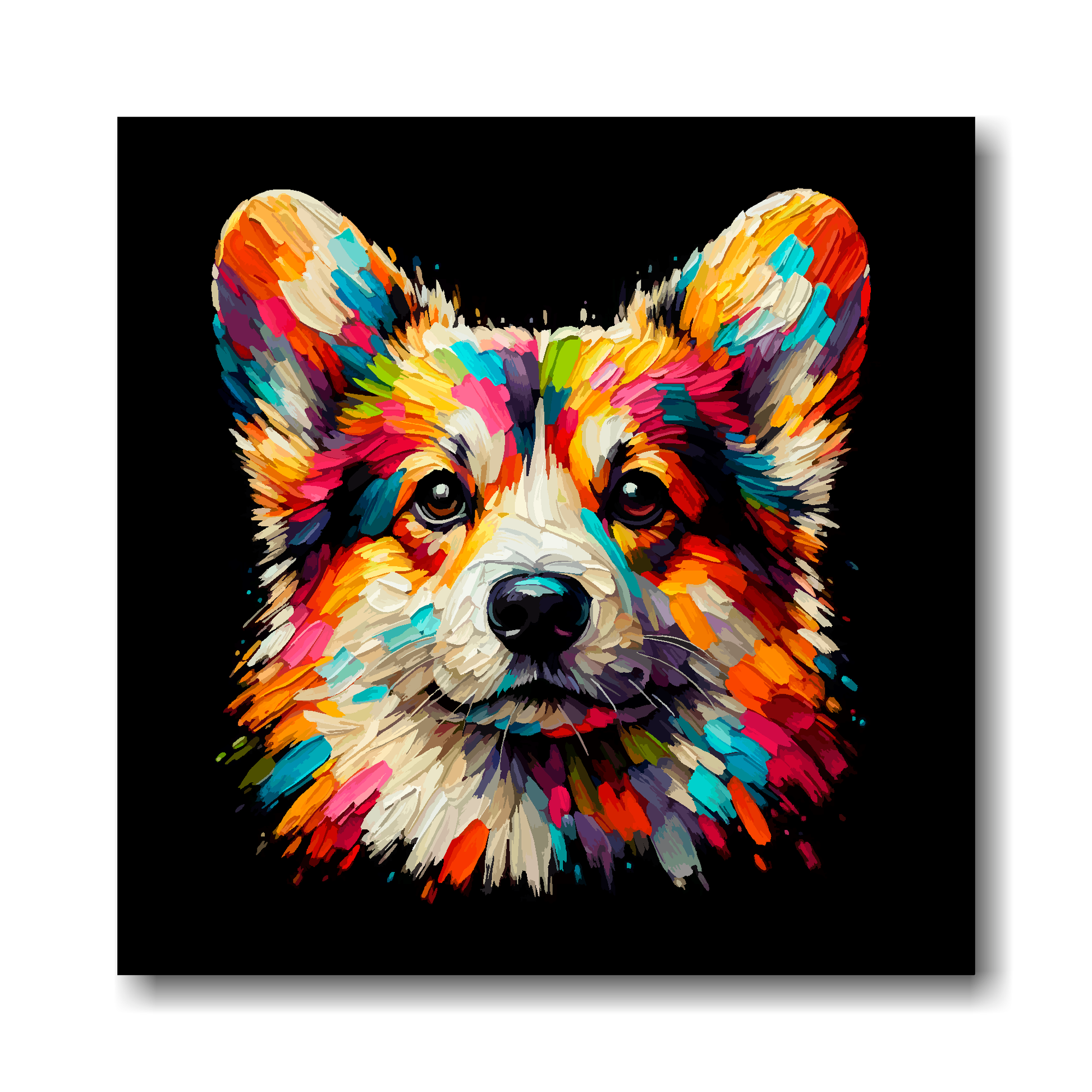 Colourful abstract painting of a Pembroke Welsh Corgi dog's face on a black background.